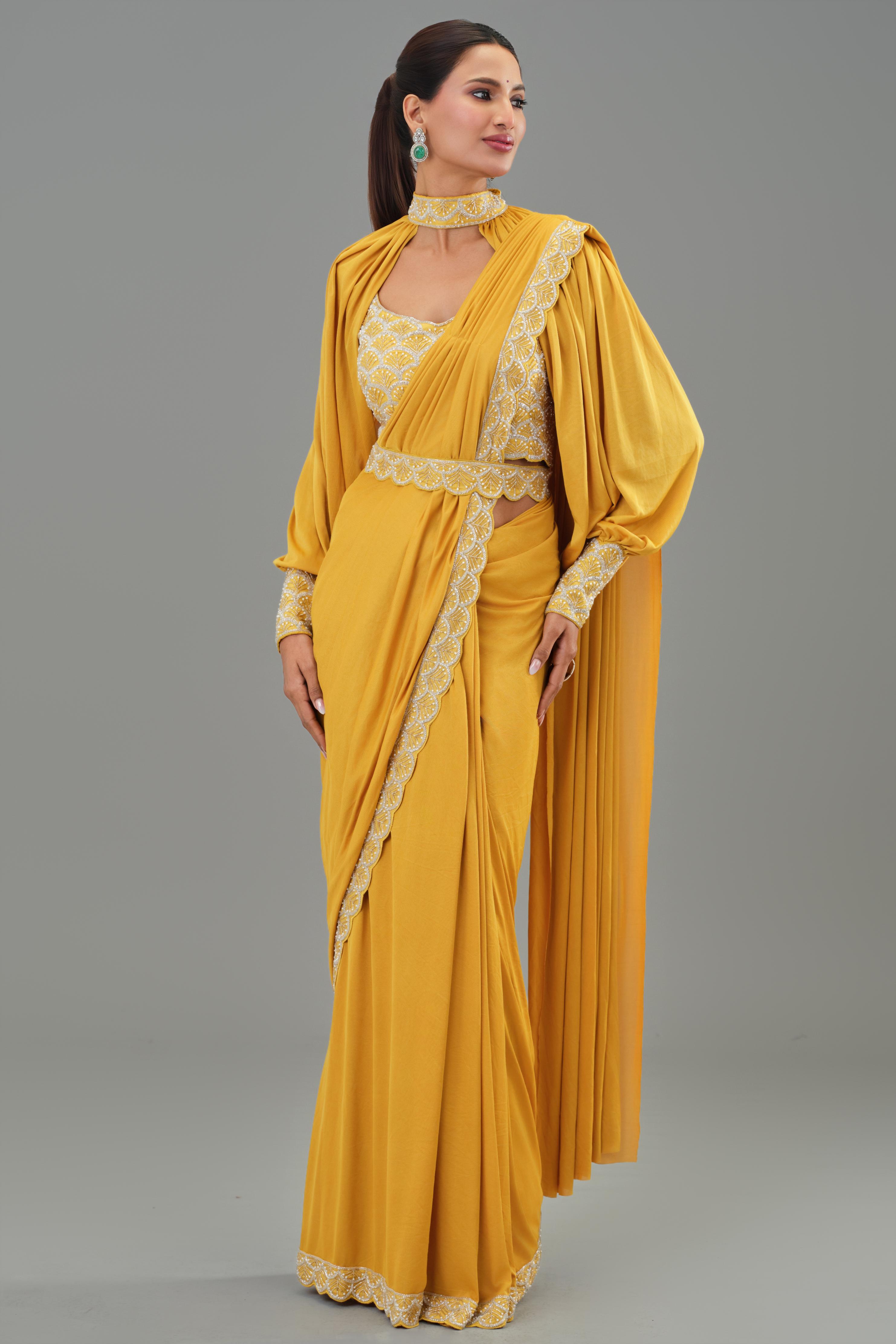 Yellow Embellished Pleated Saree