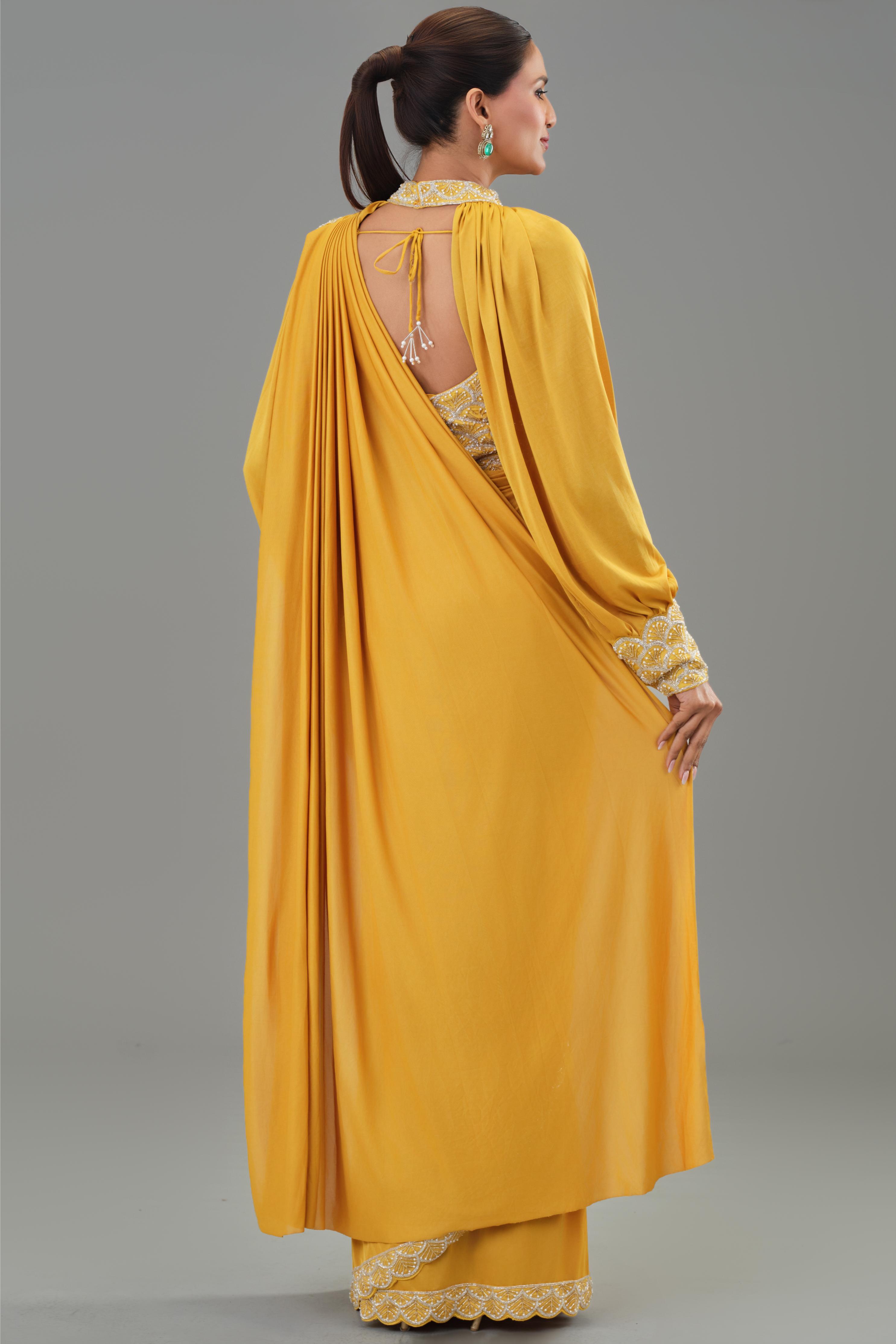 Yellow Embellished Pleated Saree