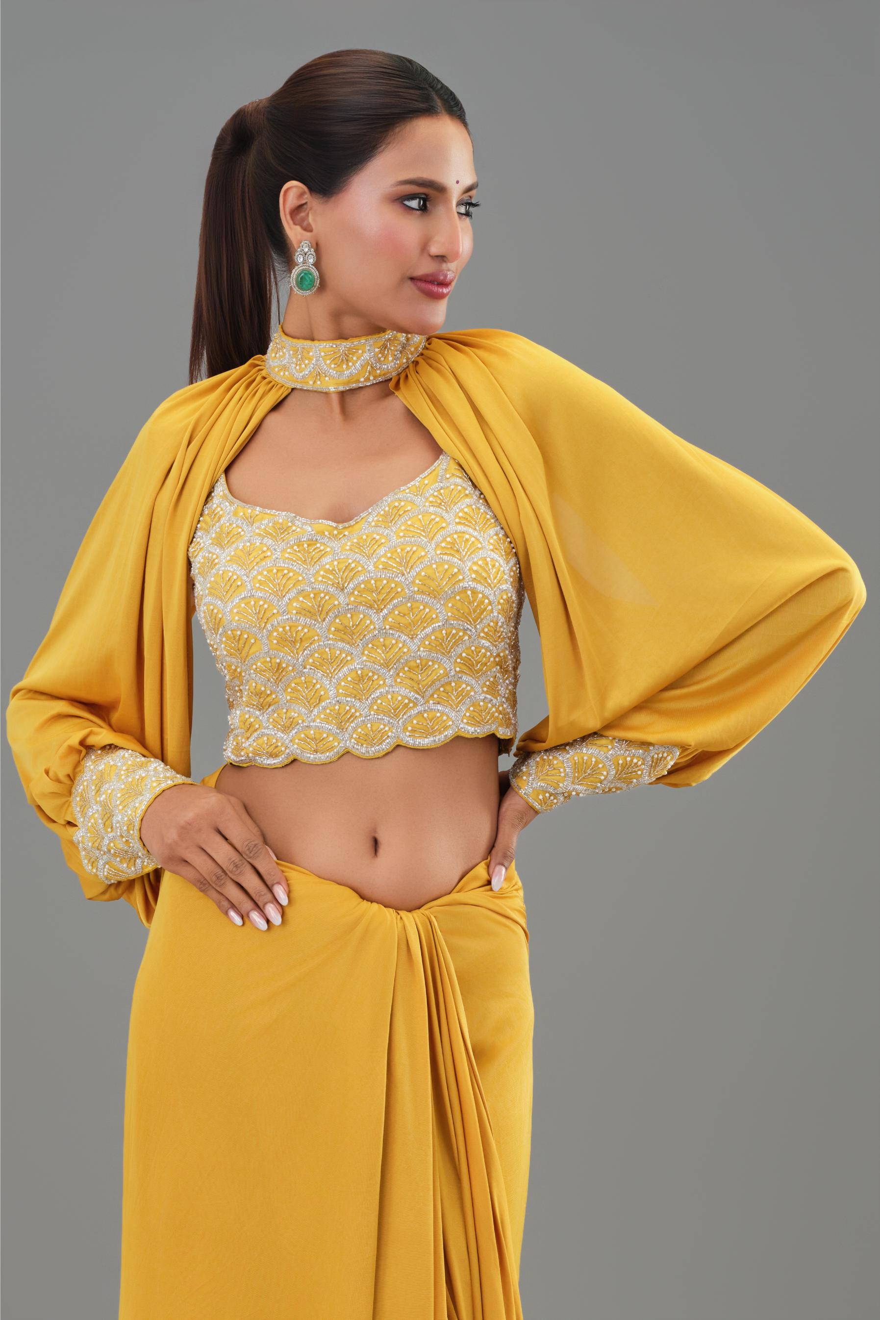 Yellow Embellished Pleated Saree