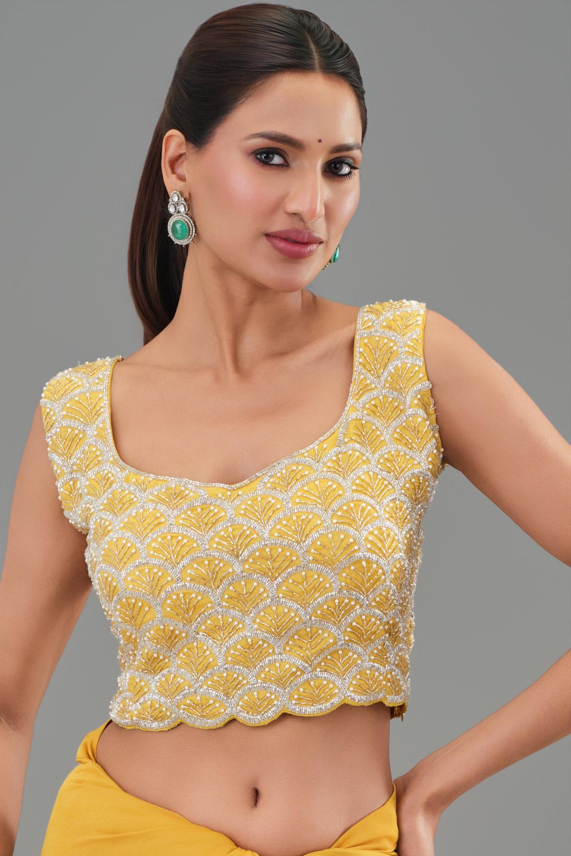 Yellow Embellished Pleated Saree