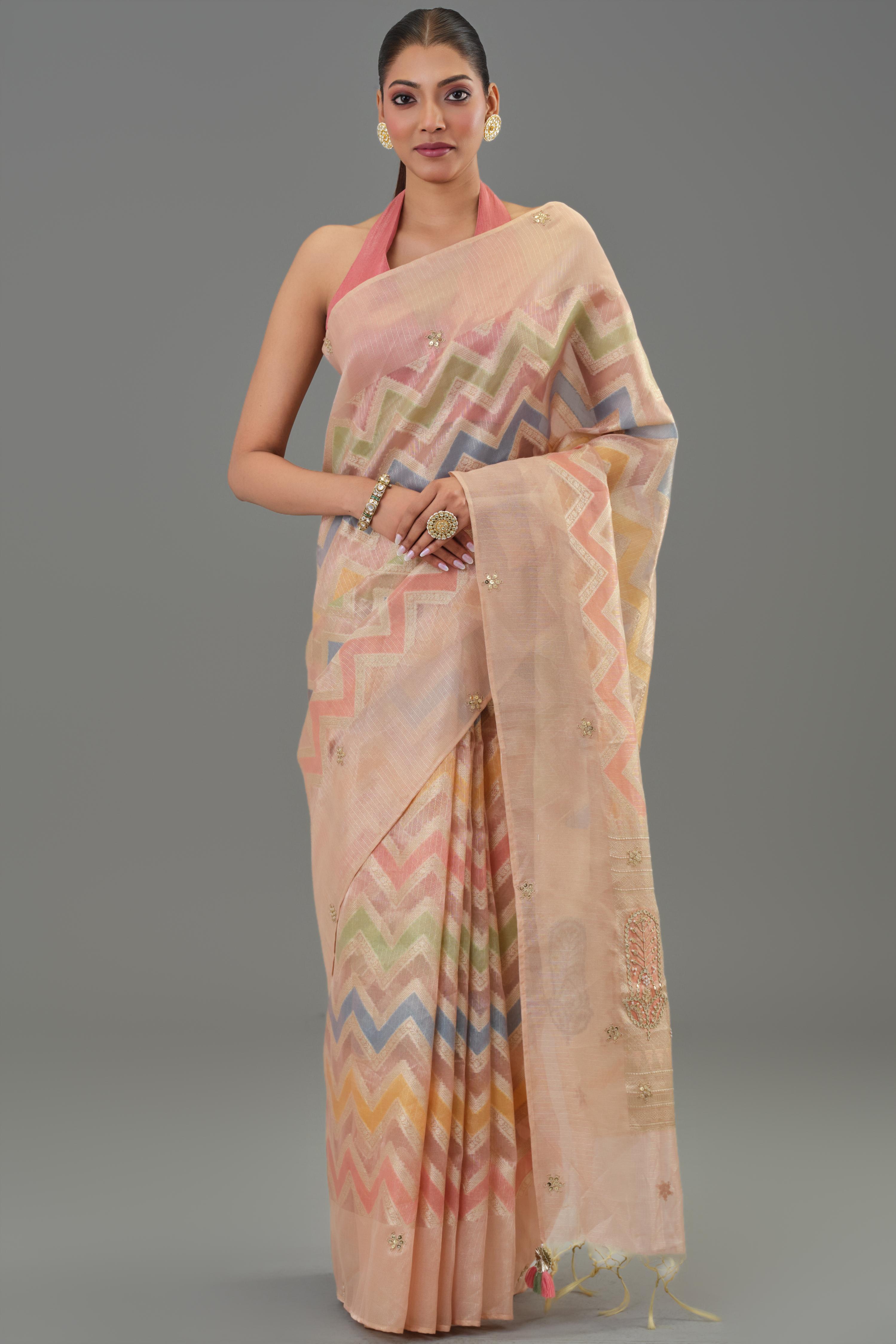 Multicolour Embellished Tissue Silk Saree