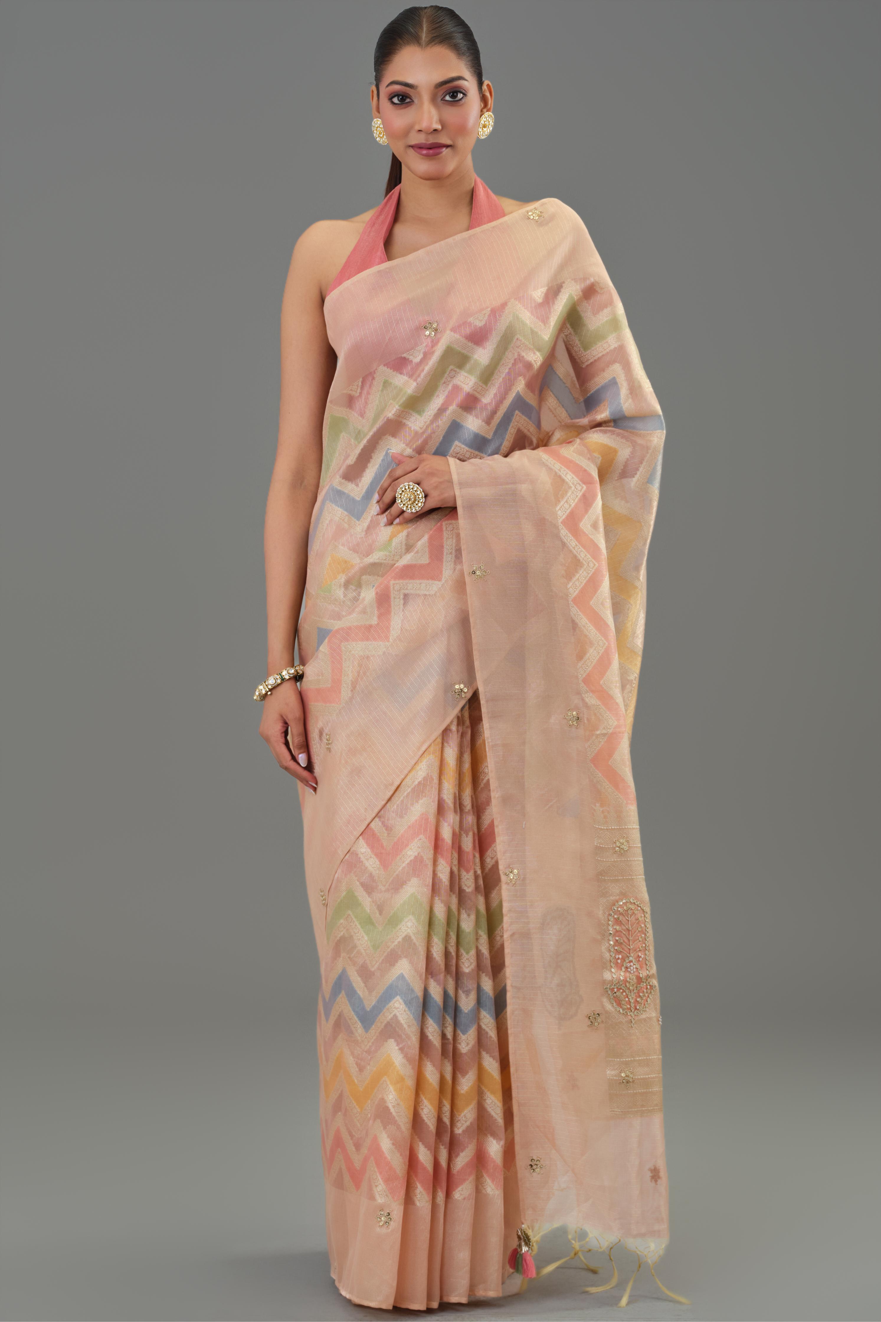 Multicolour Embellished Tissue Silk Saree