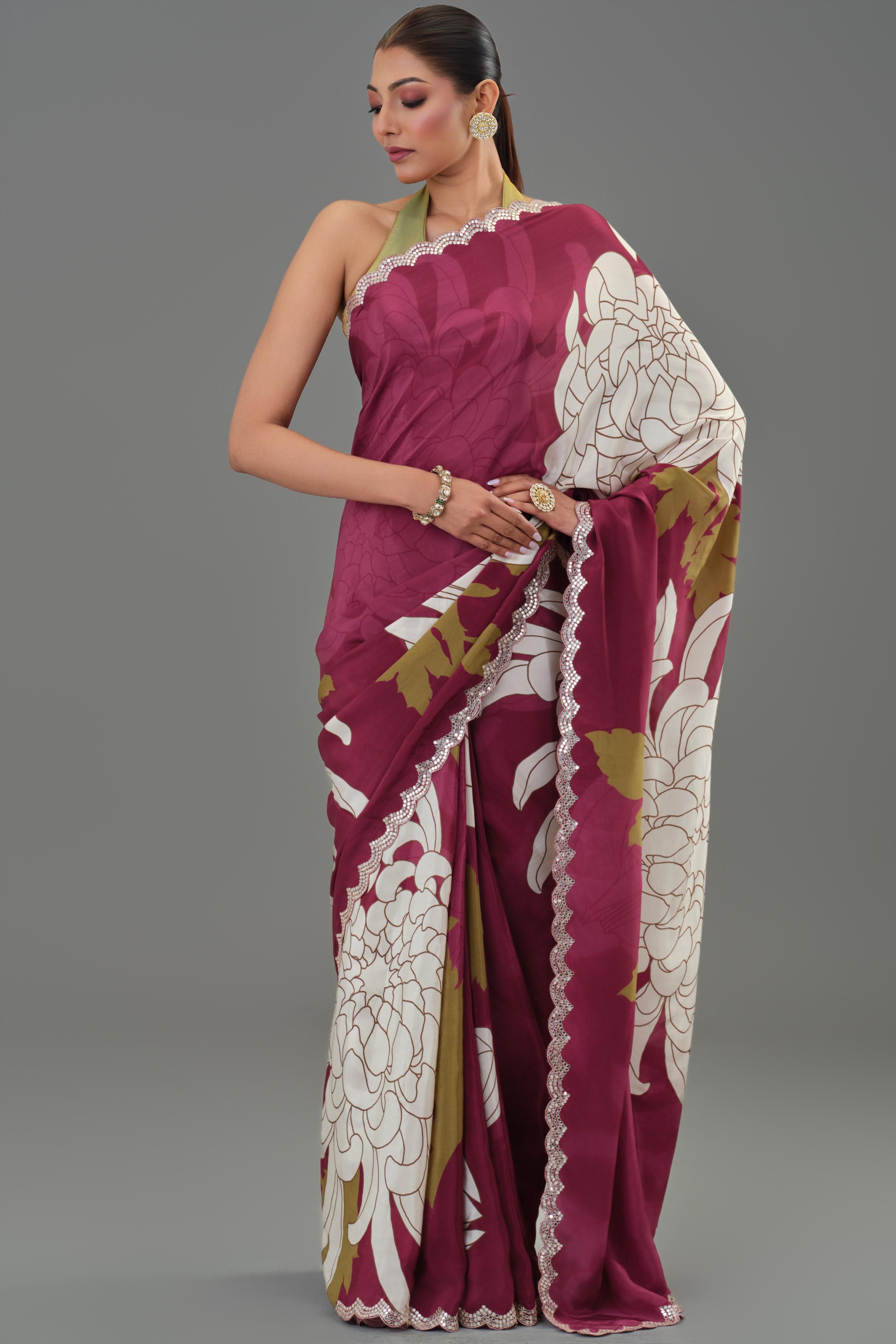 Fine Wine Floral Printed Chinon Silk Saree