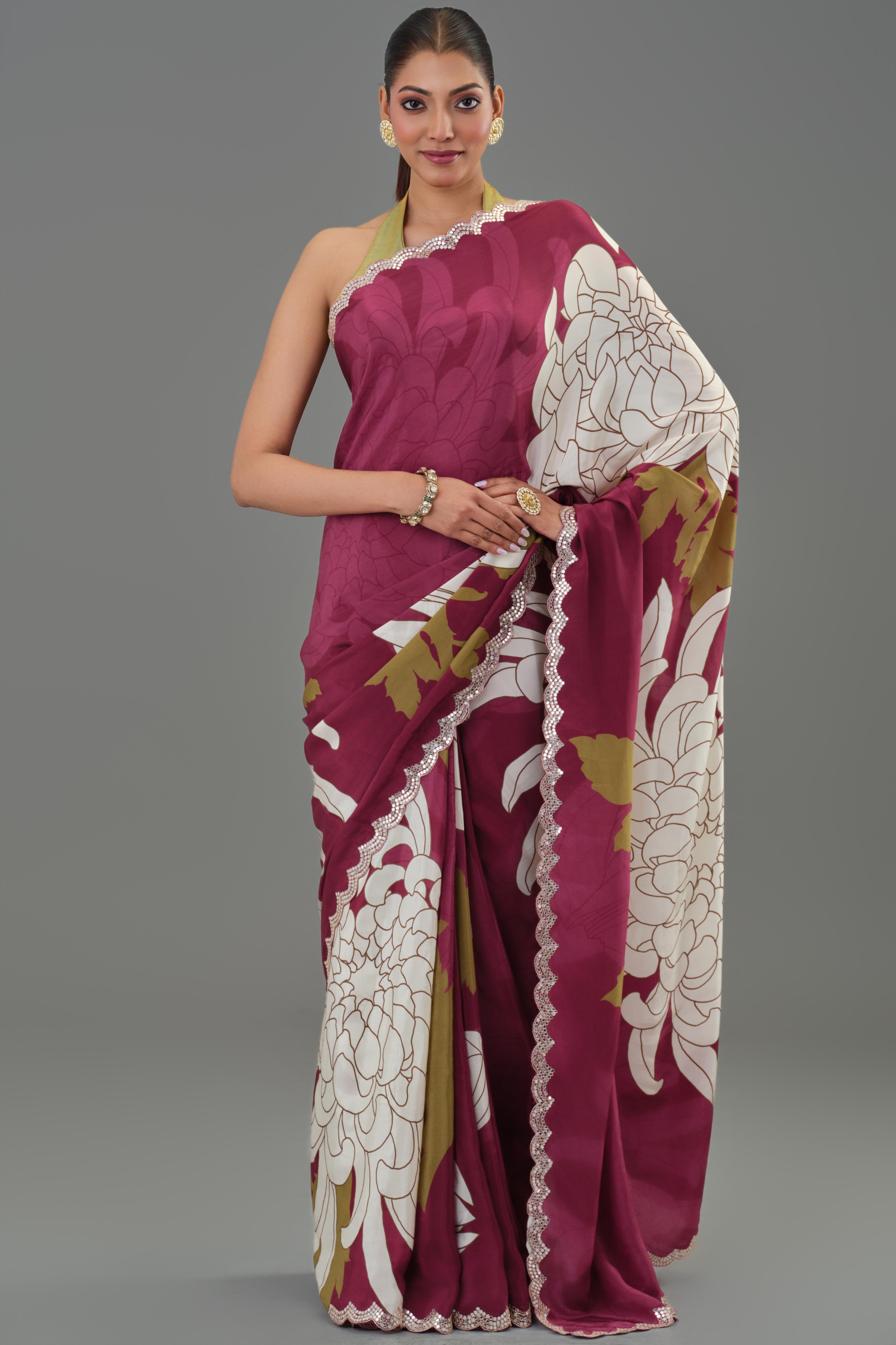 Fine Wine Floral Printed Chinon Silk Saree