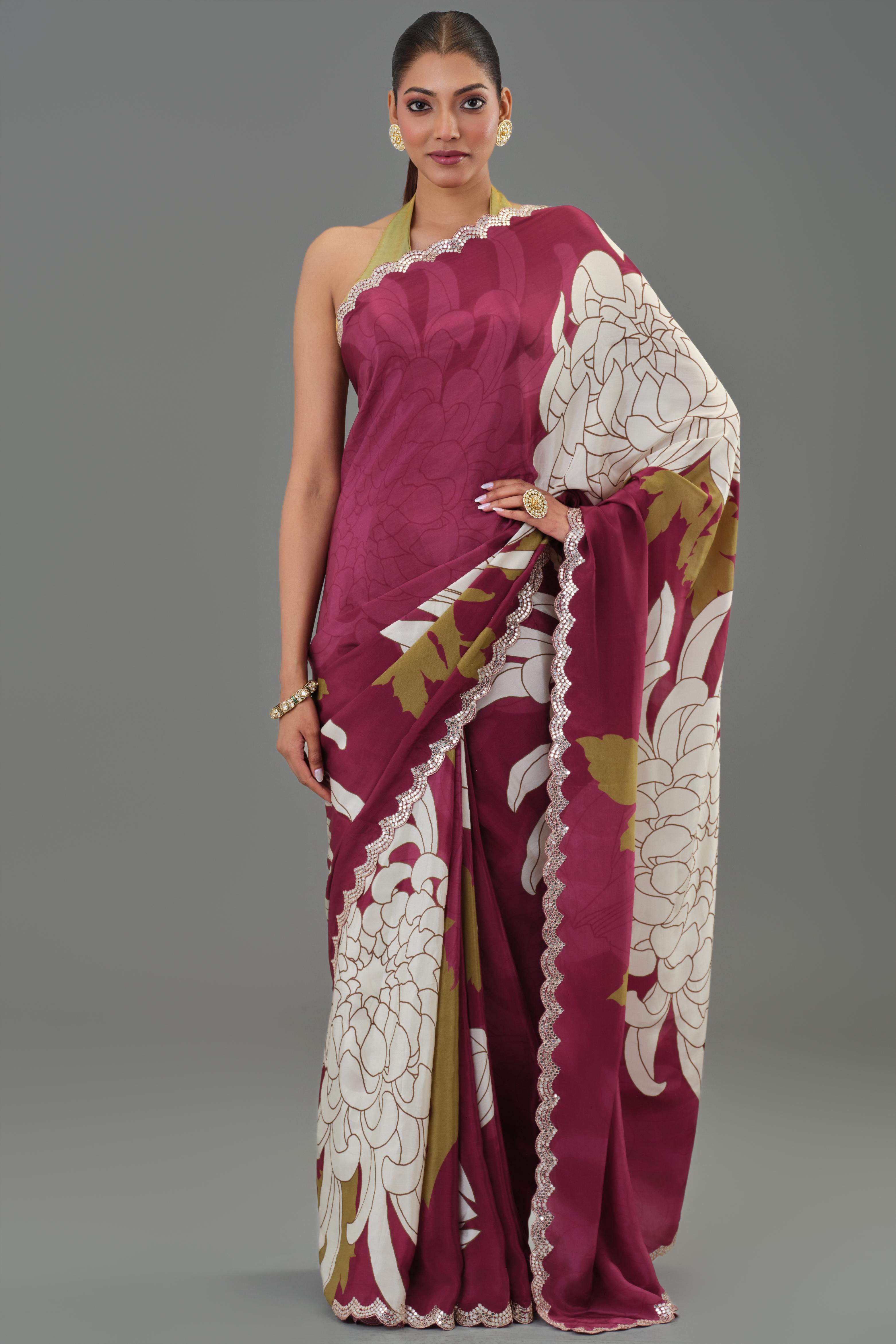 Fine Wine Floral Printed Chinon Silk Saree