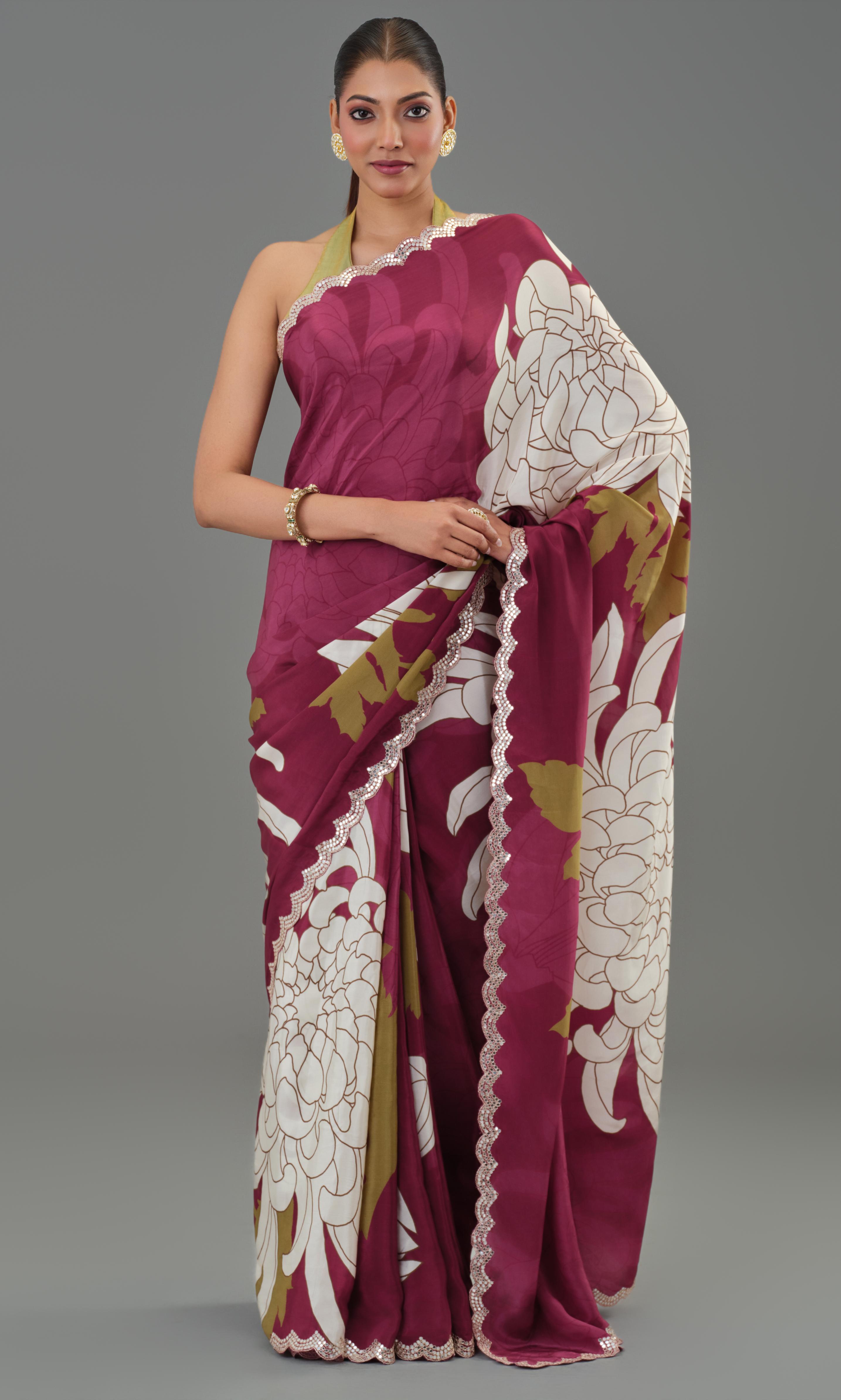 Fine Wine Floral Printed Chinon Silk Saree