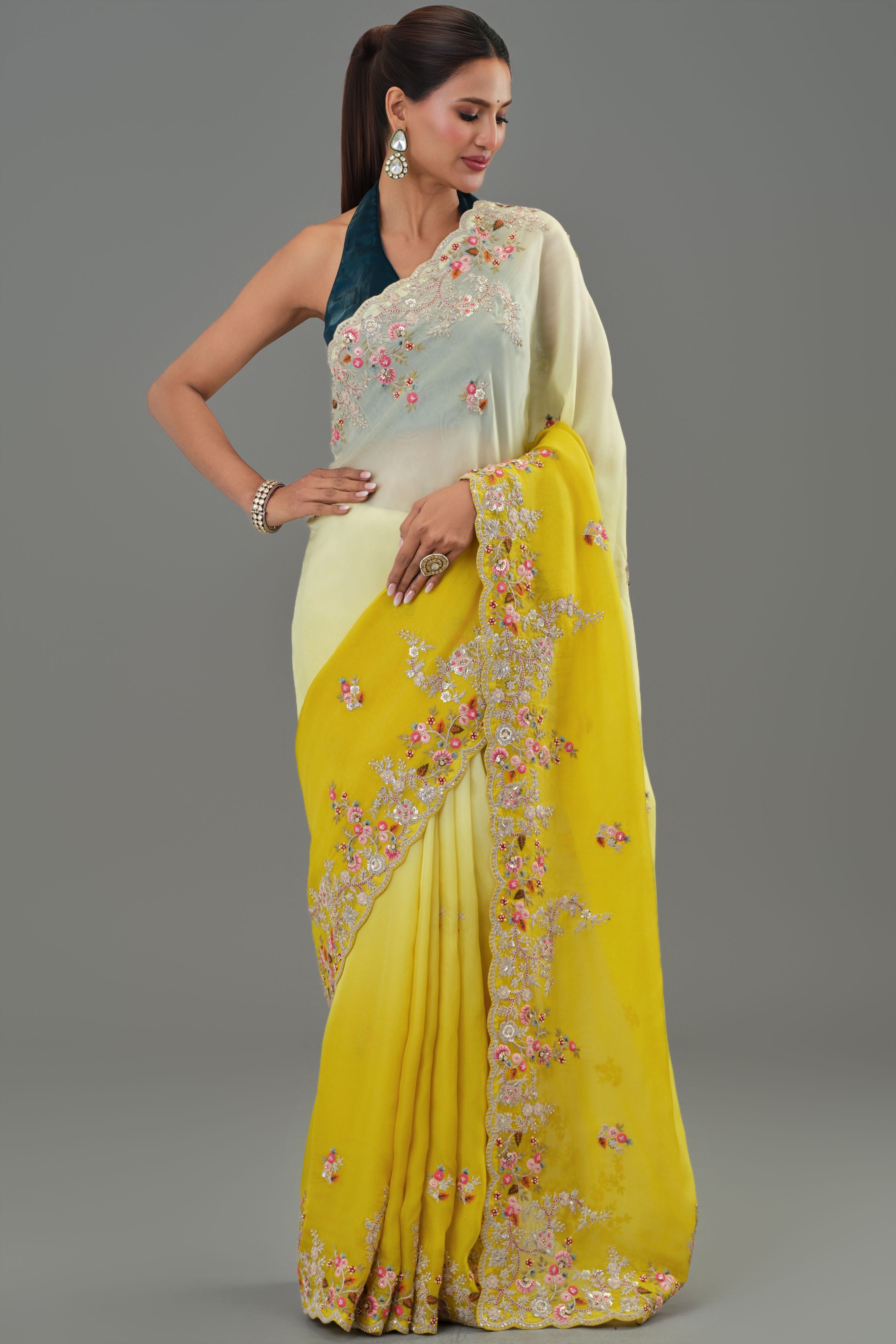 Yellow Embroidered Organza Silk Saree