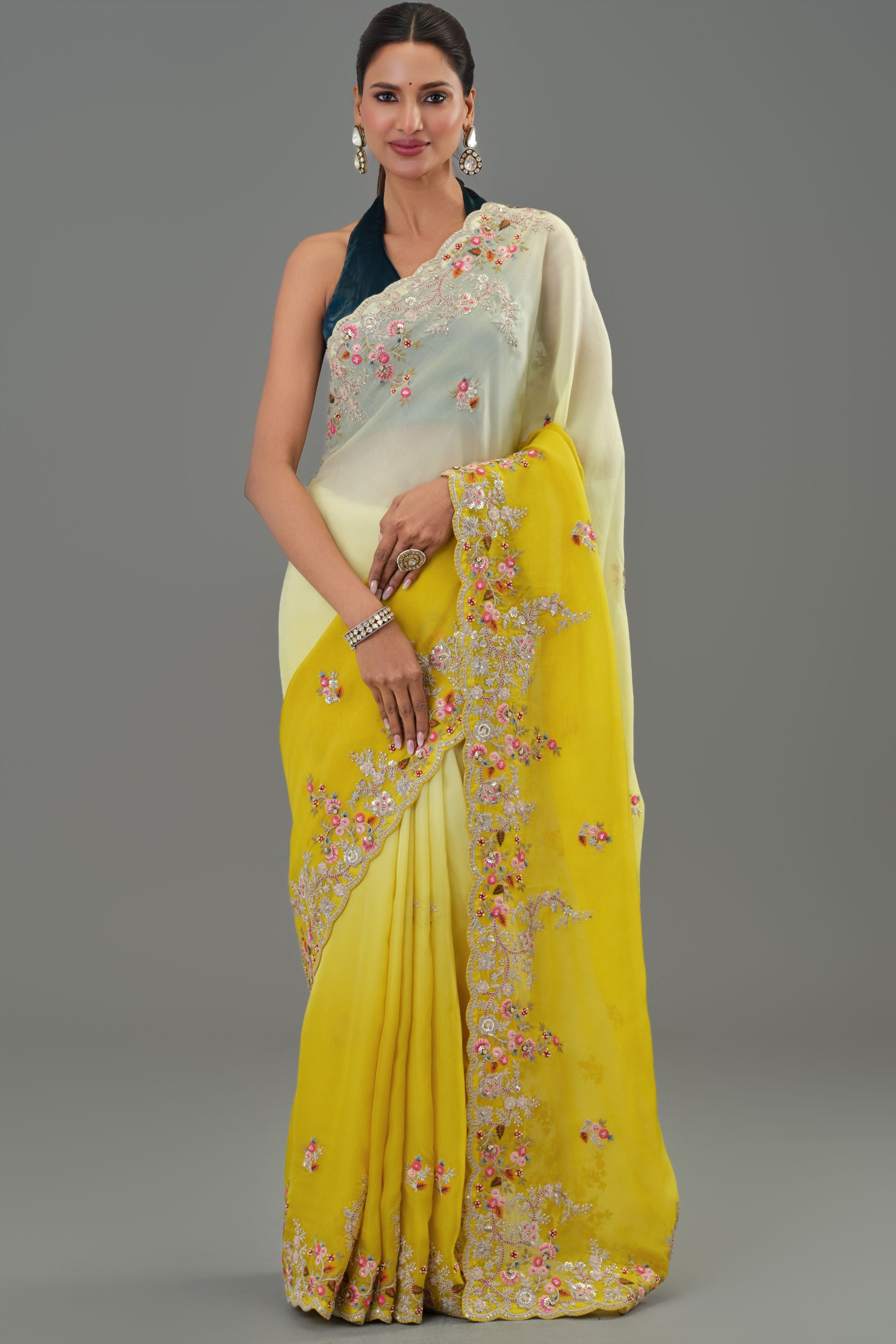 Yellow Embroidered Organza Silk Saree