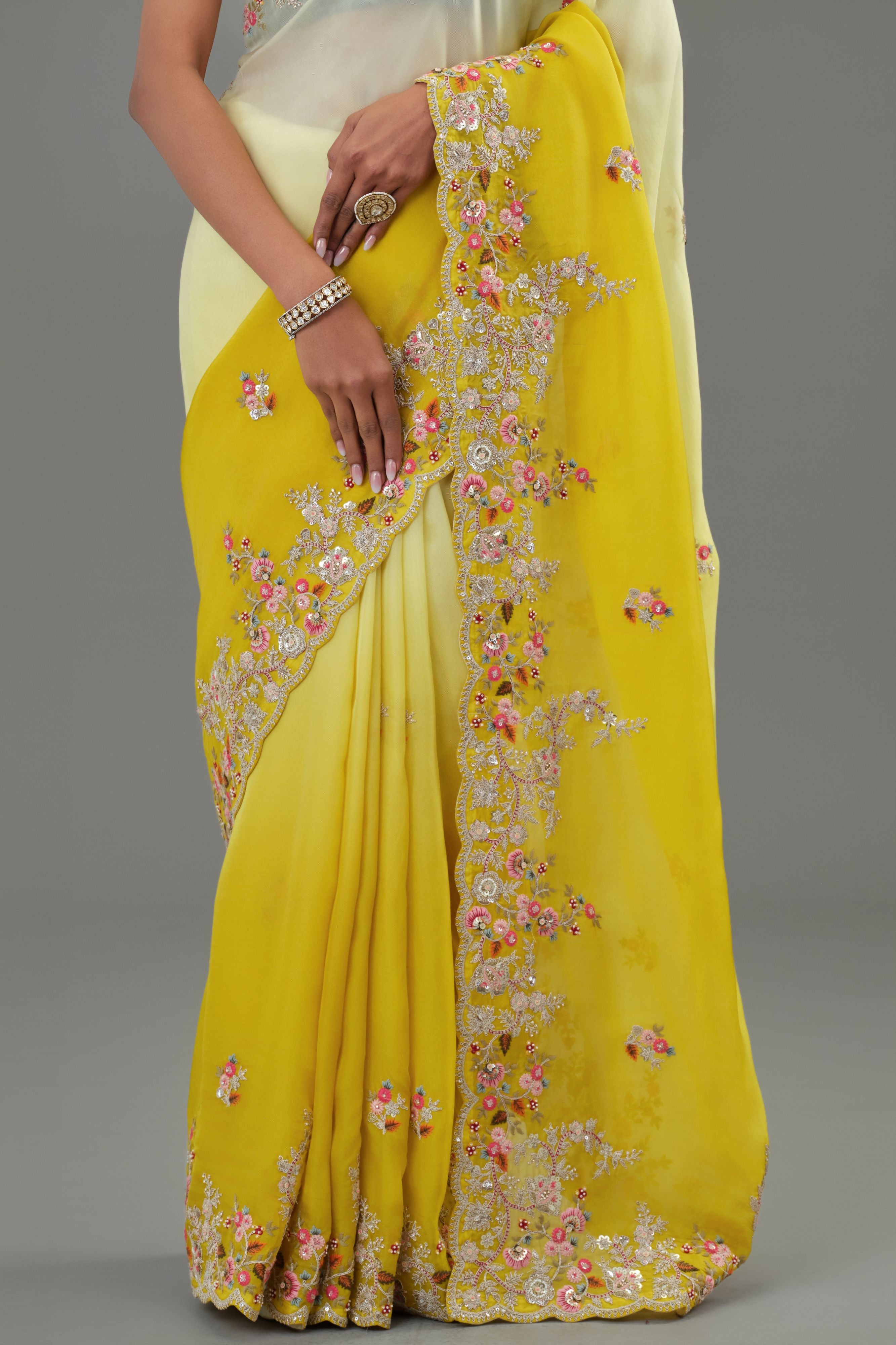 Yellow Embroidered Organza Silk Saree