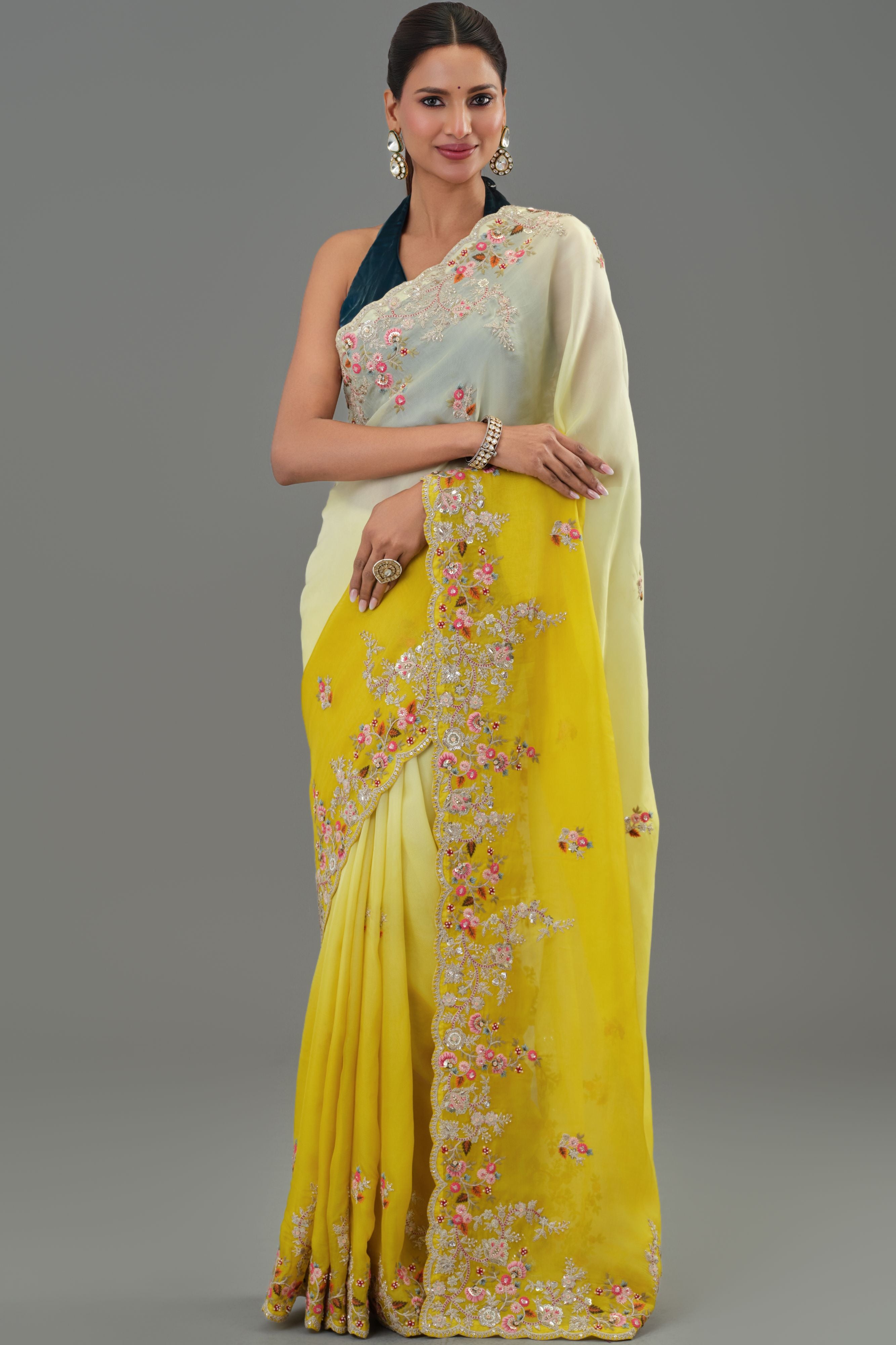 Yellow Embroidered Organza Silk Saree
