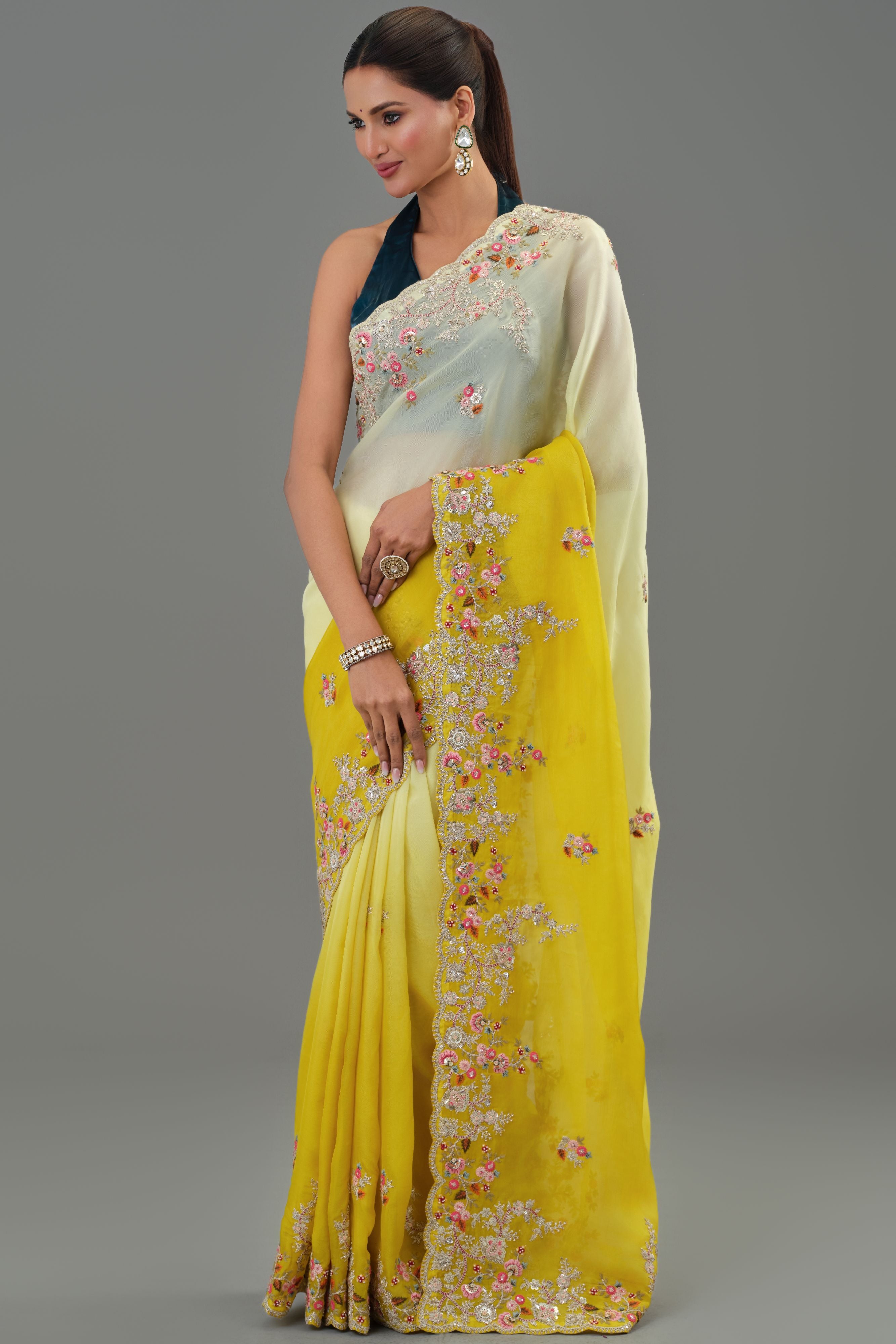 Yellow Embroidered Organza Silk Saree