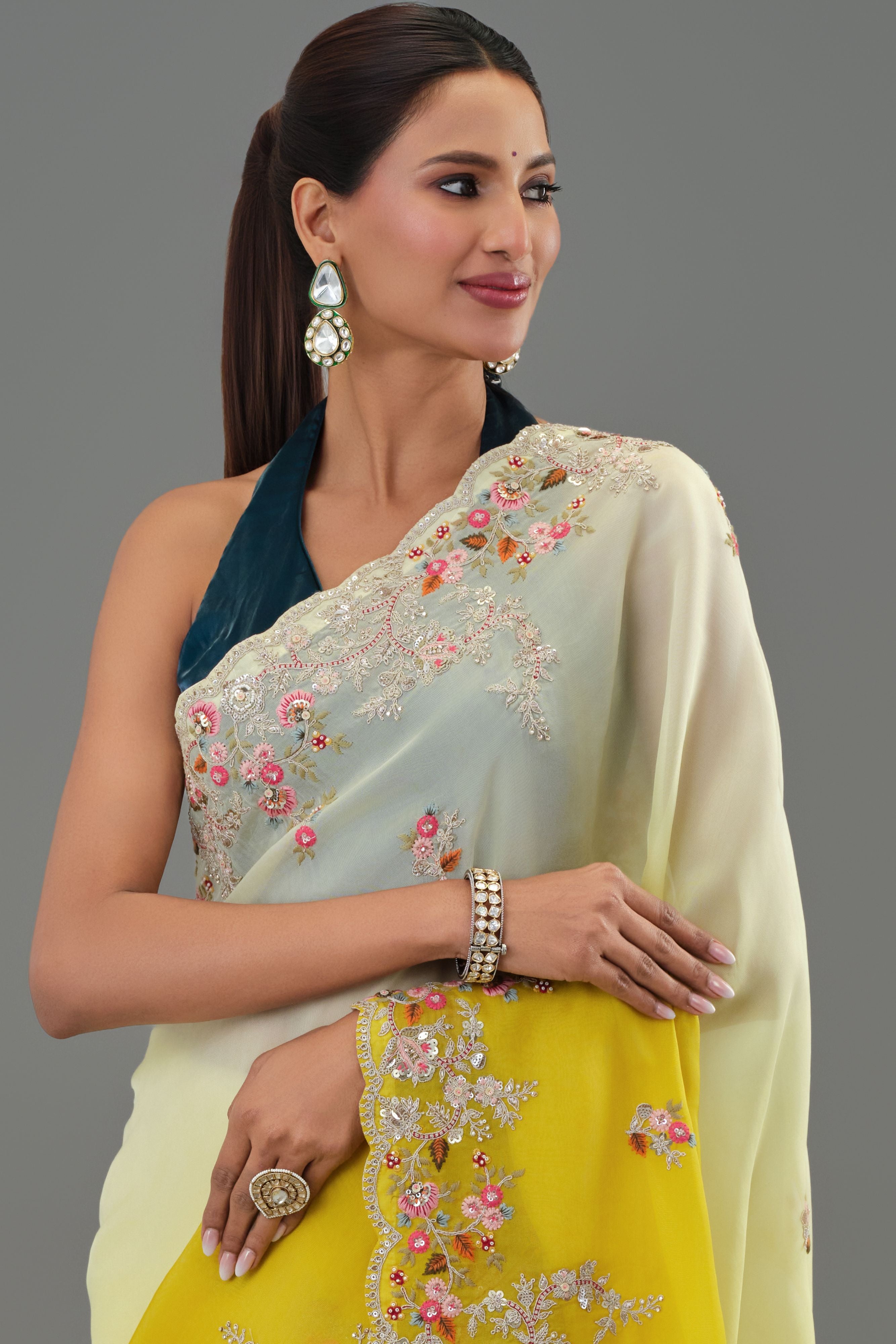 Yellow Embroidered Organza Silk Saree