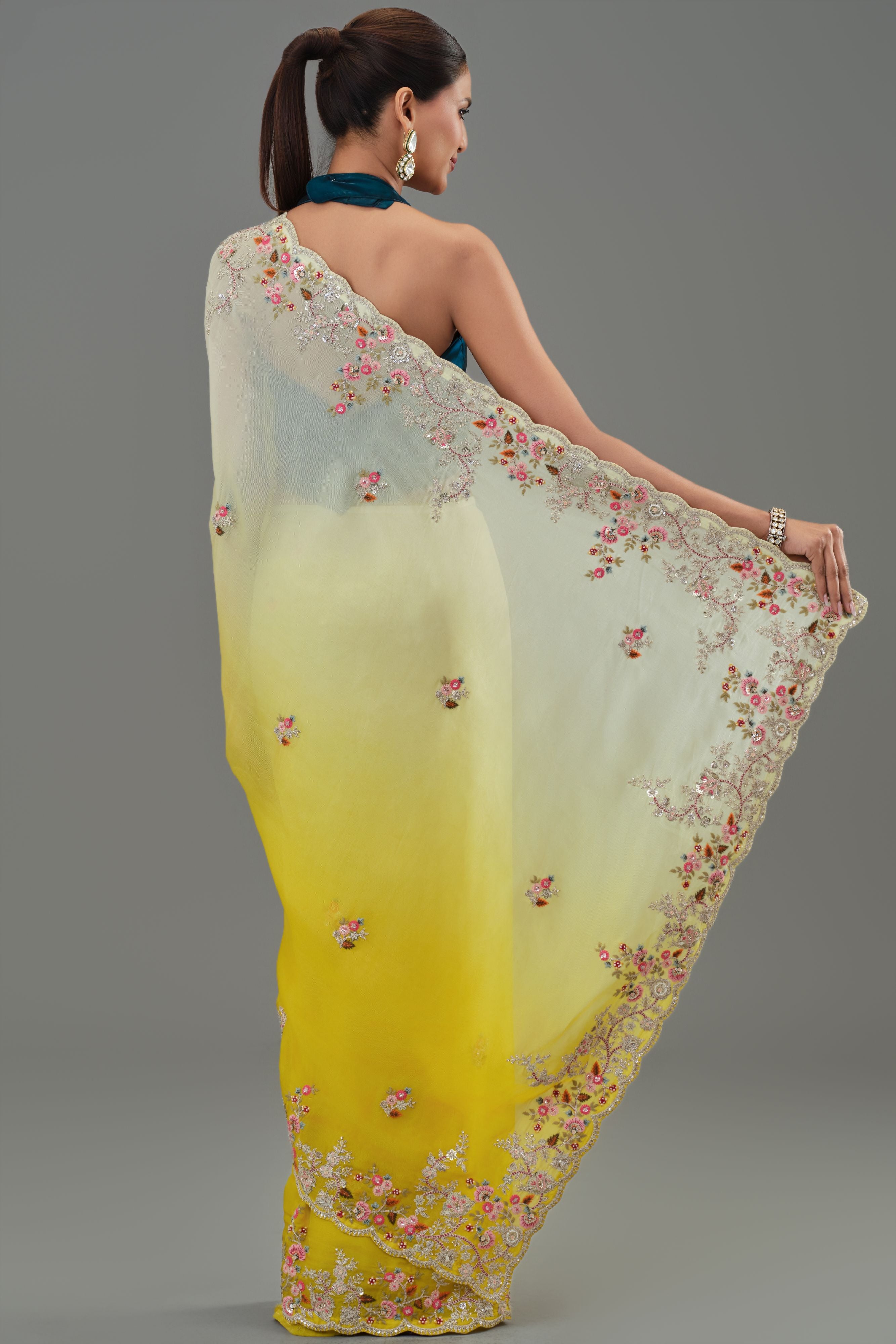 Yellow Embroidered Organza Silk Saree