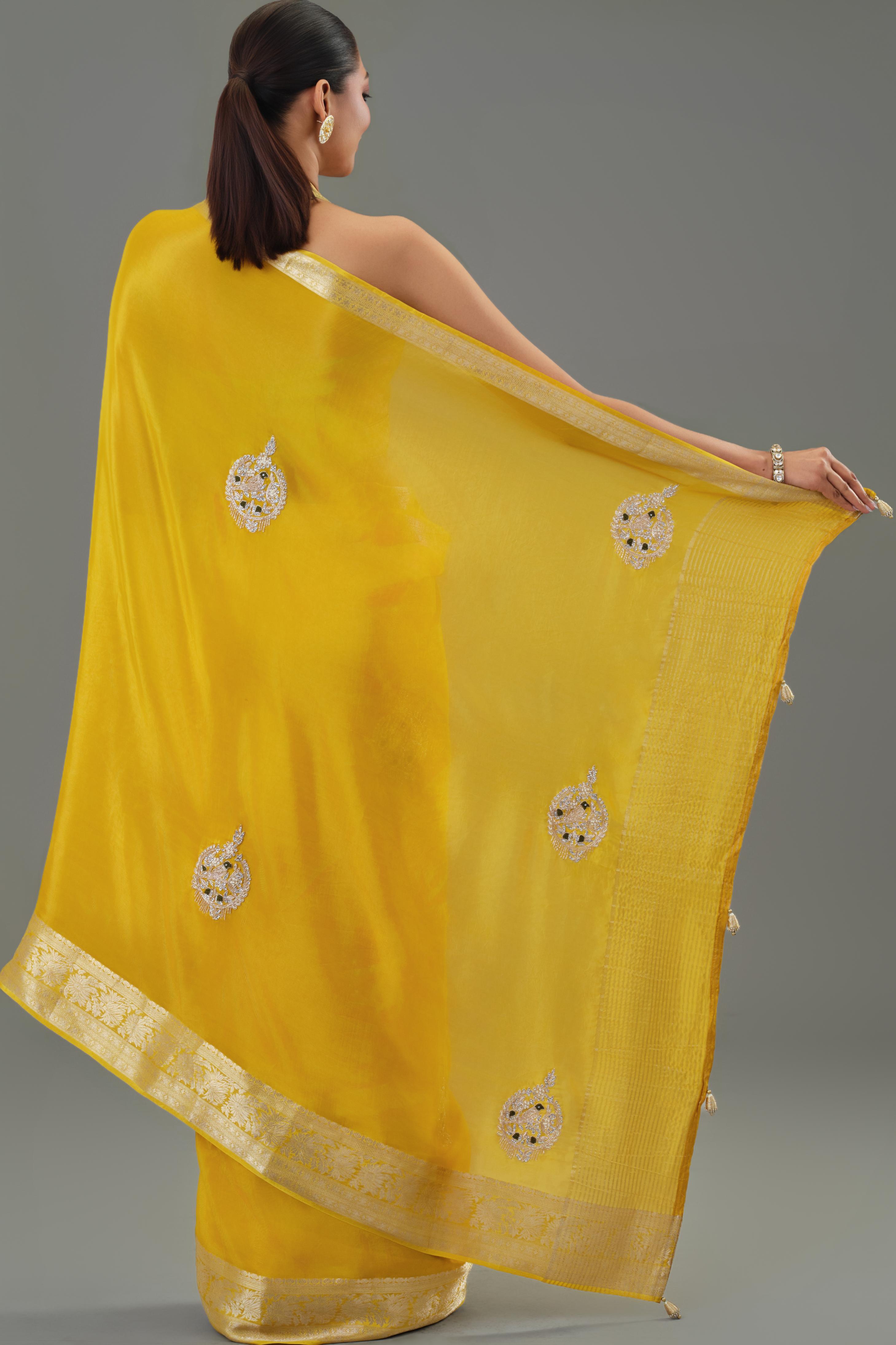 Yellow Banarasi Organza Silk Saree