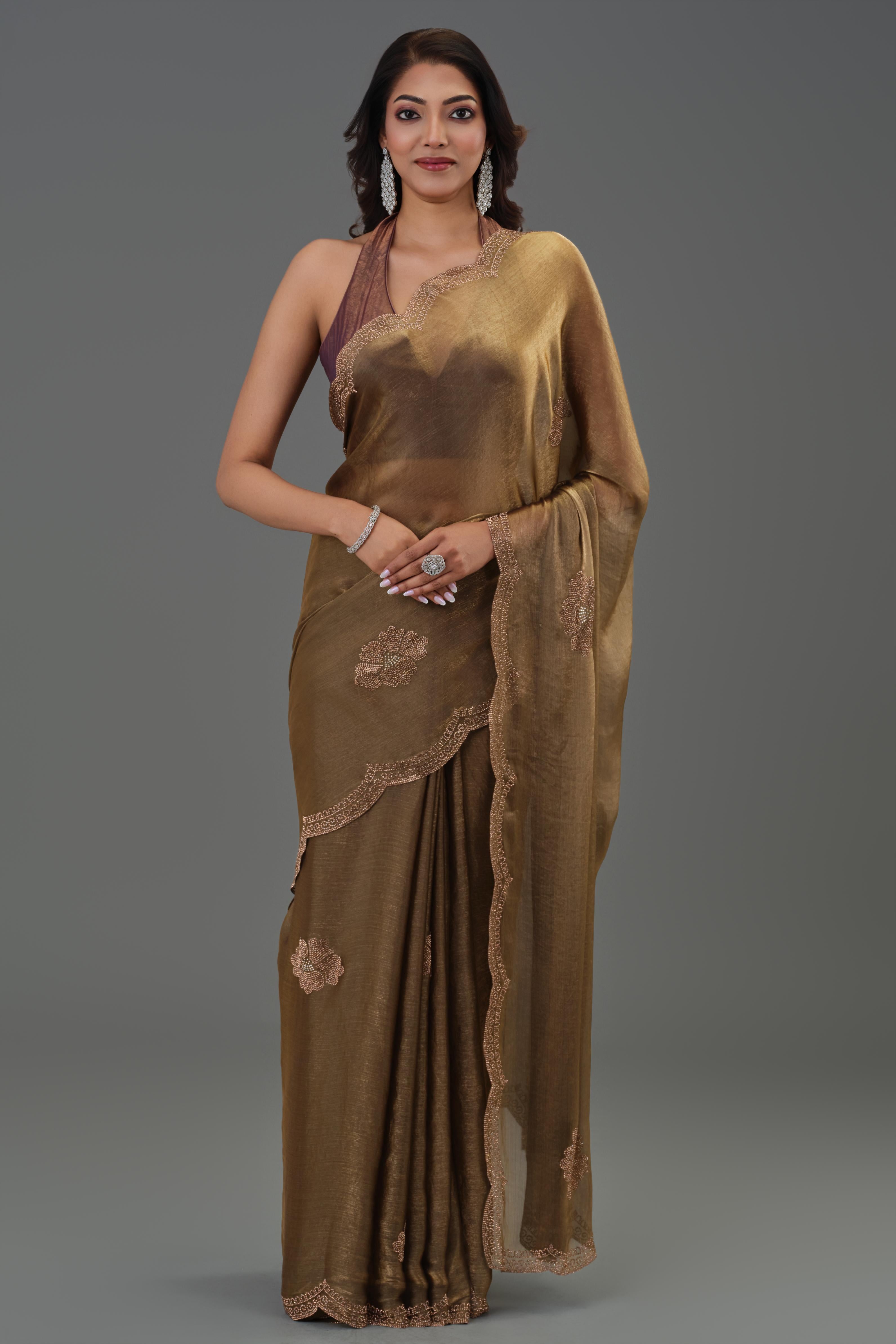 Bronze Embellished Cosmo Tissue Silk Saree