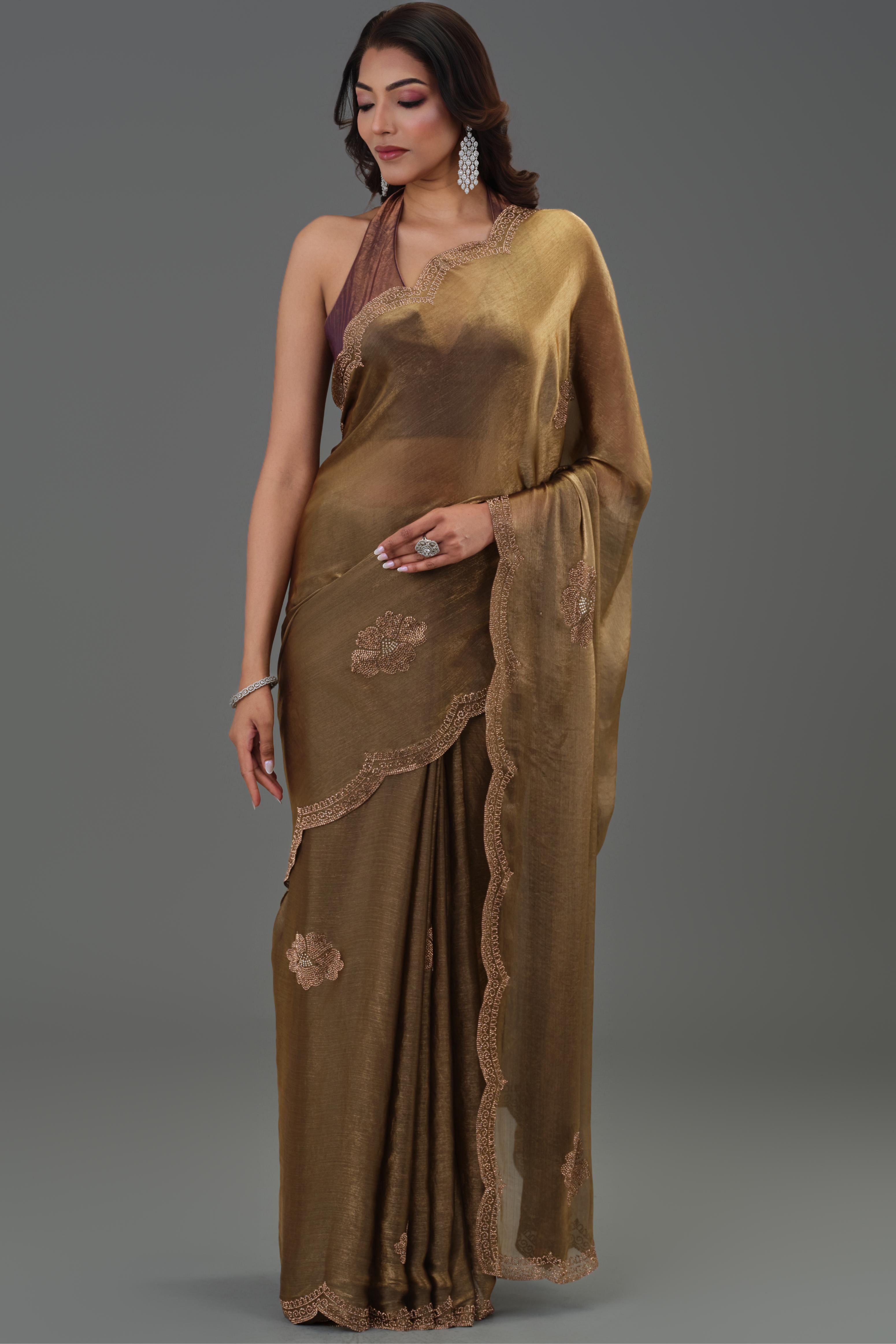 Bronze Embellished Cosmo Tissue Silk Saree