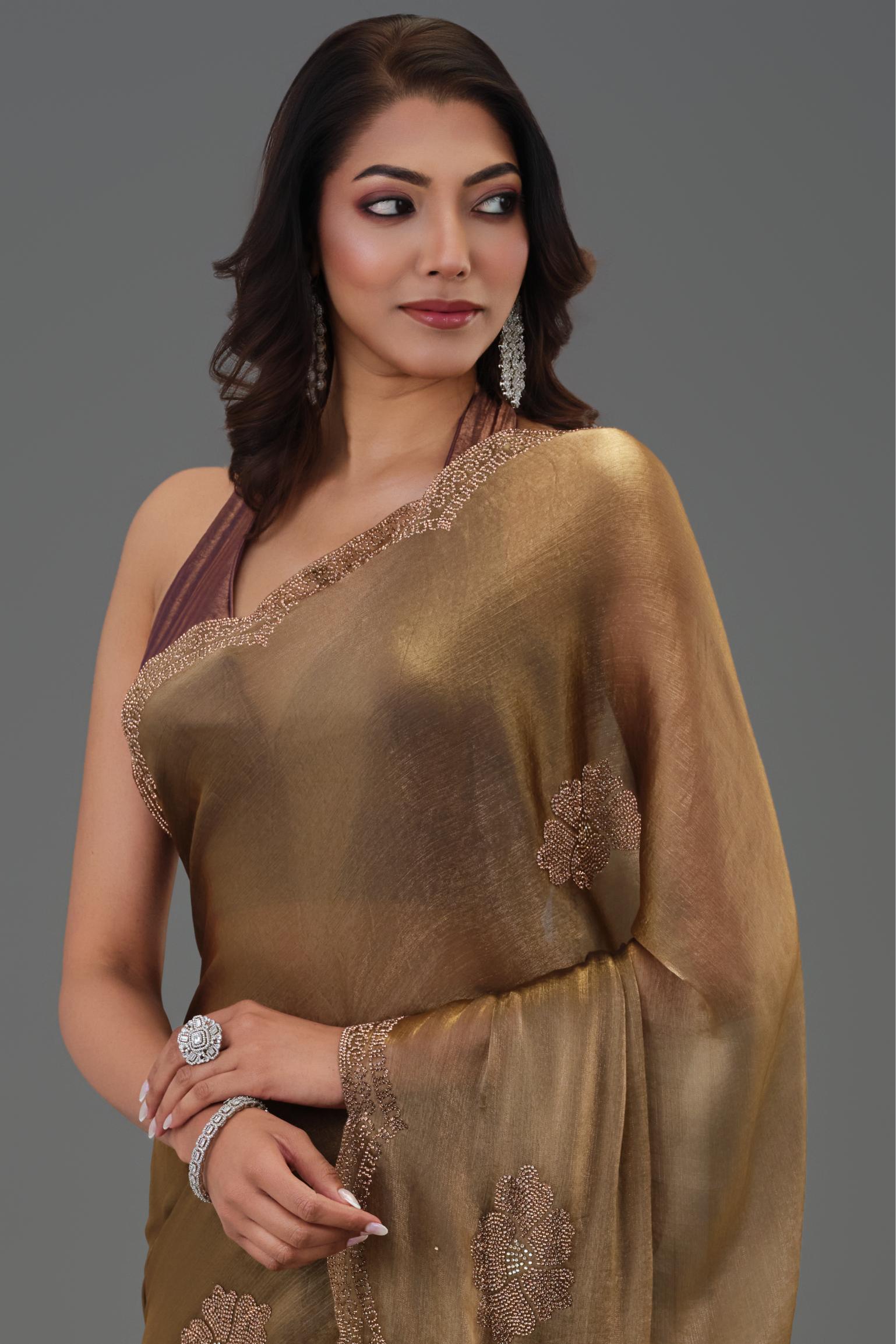 Bronze Embellished Cosmo Tissue Silk Saree
