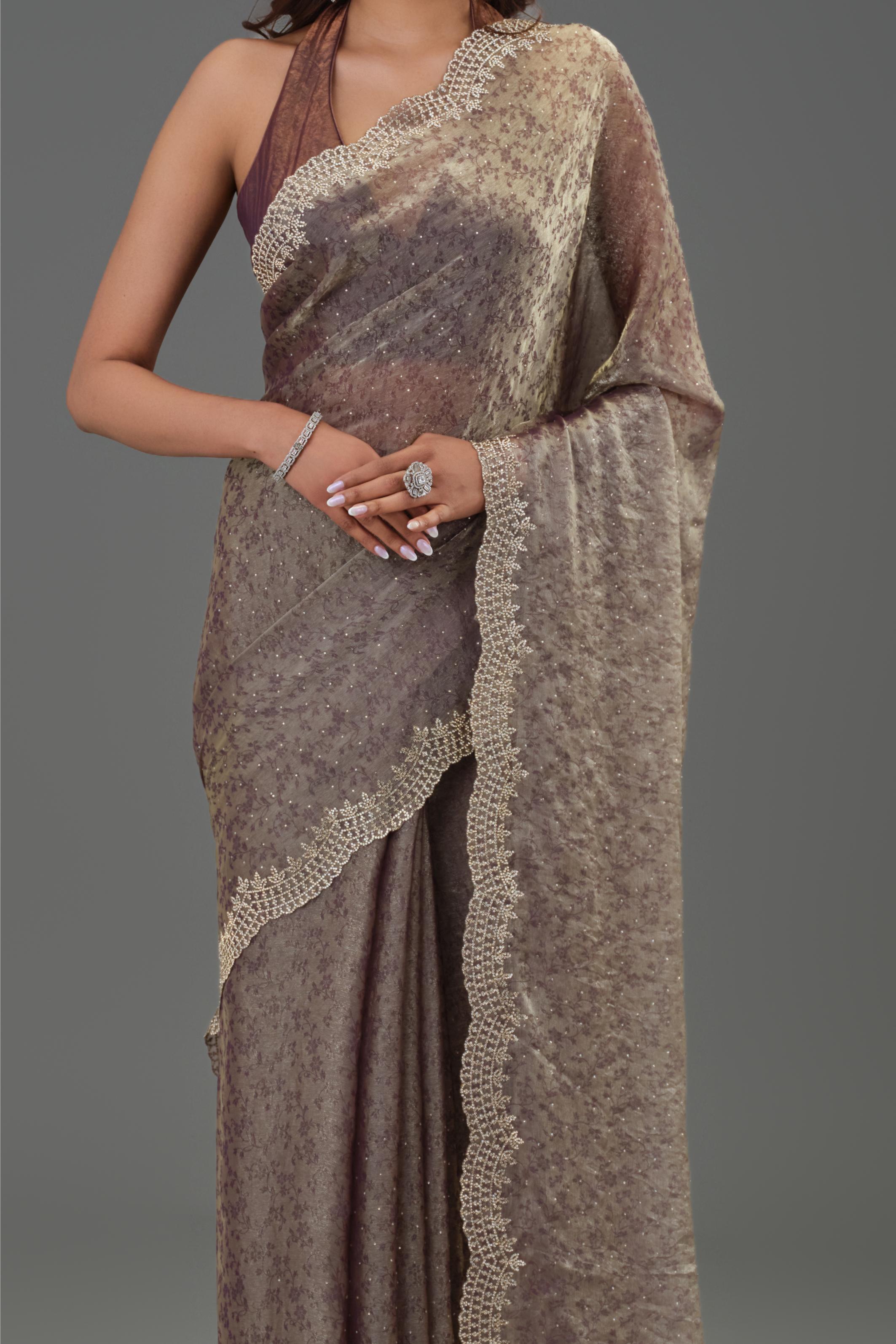 Mauve Embellished Tissue Silk Saree