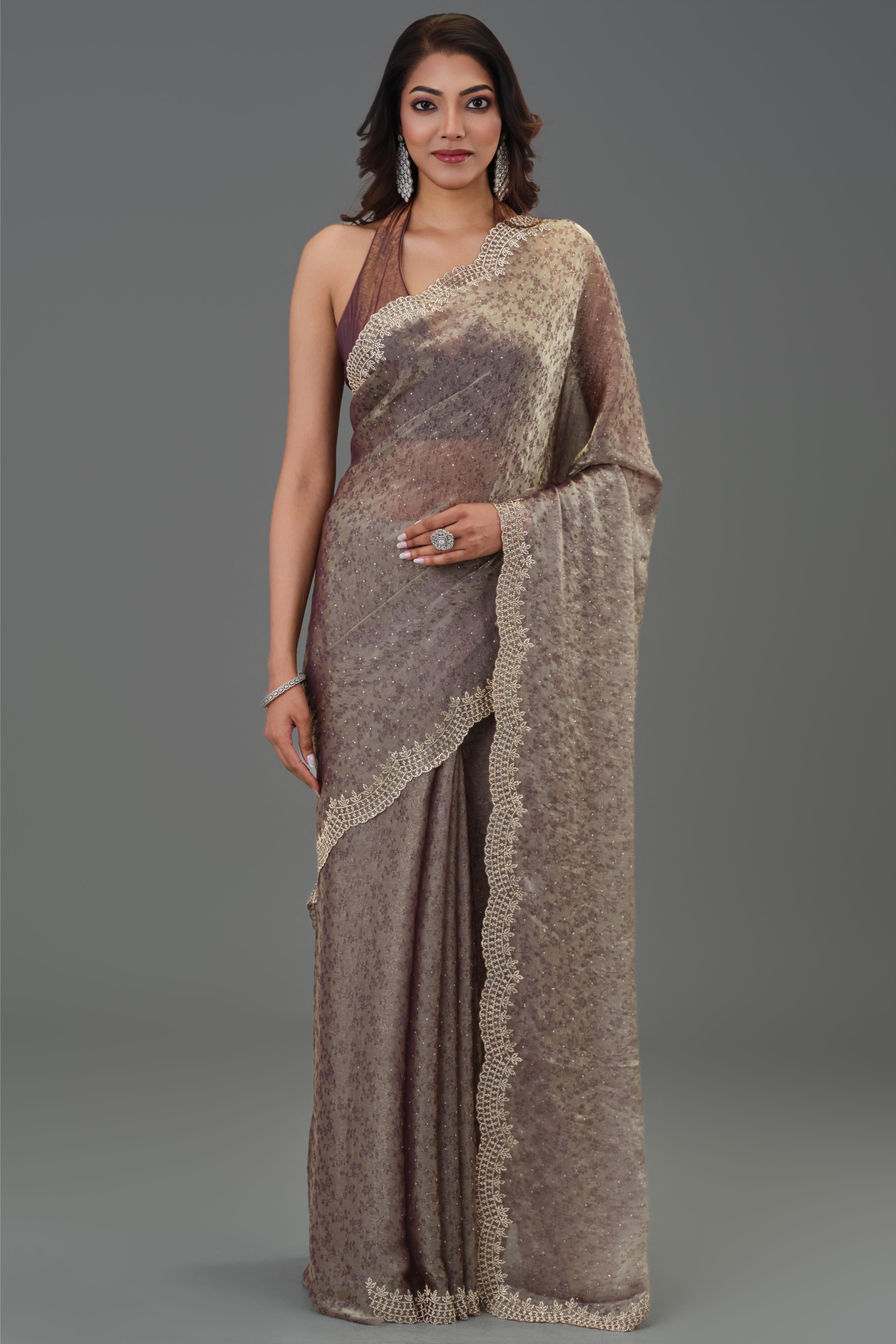 Mauve Embellished Tissue Silk Saree