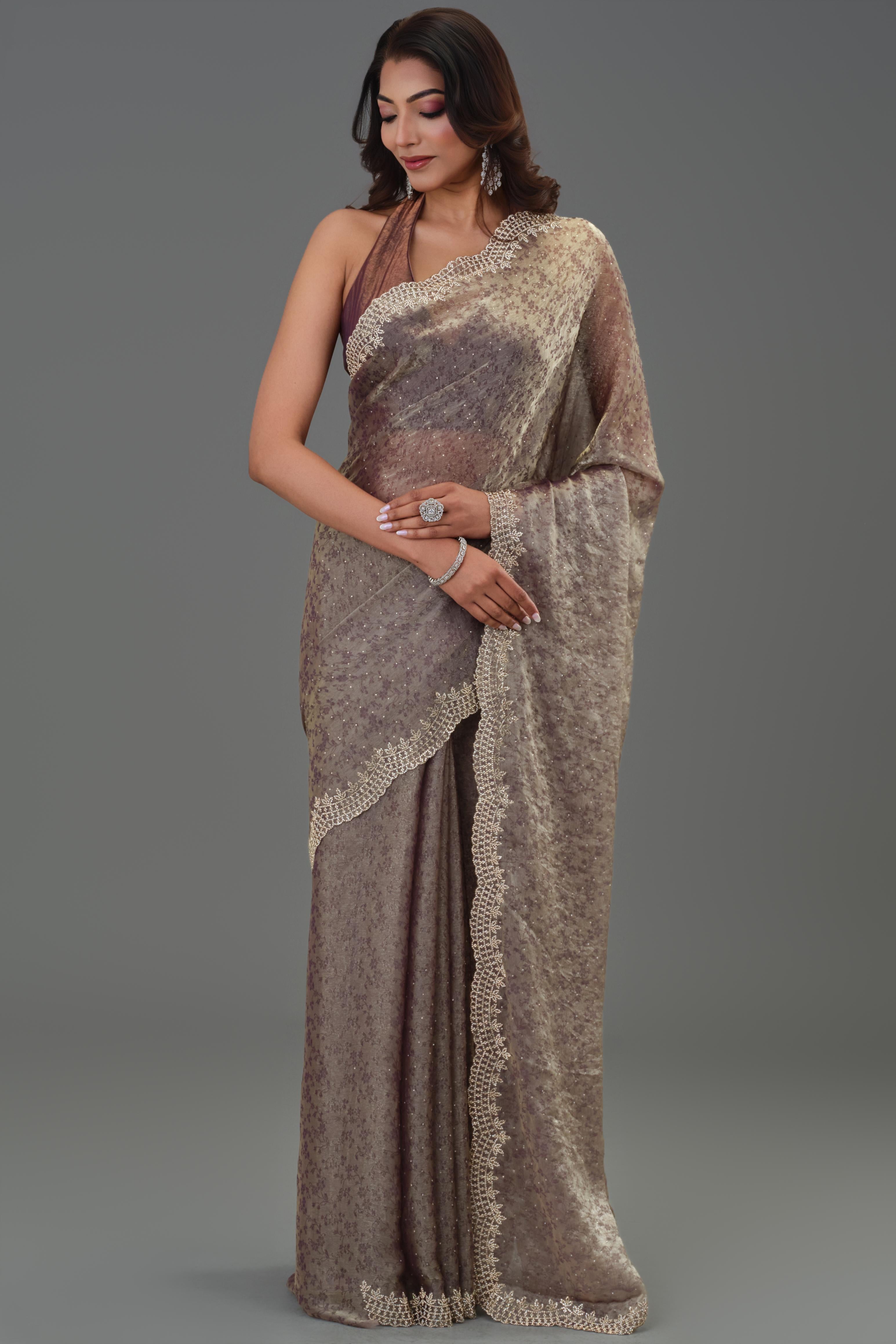 Mauve Embellished Tissue Silk Saree