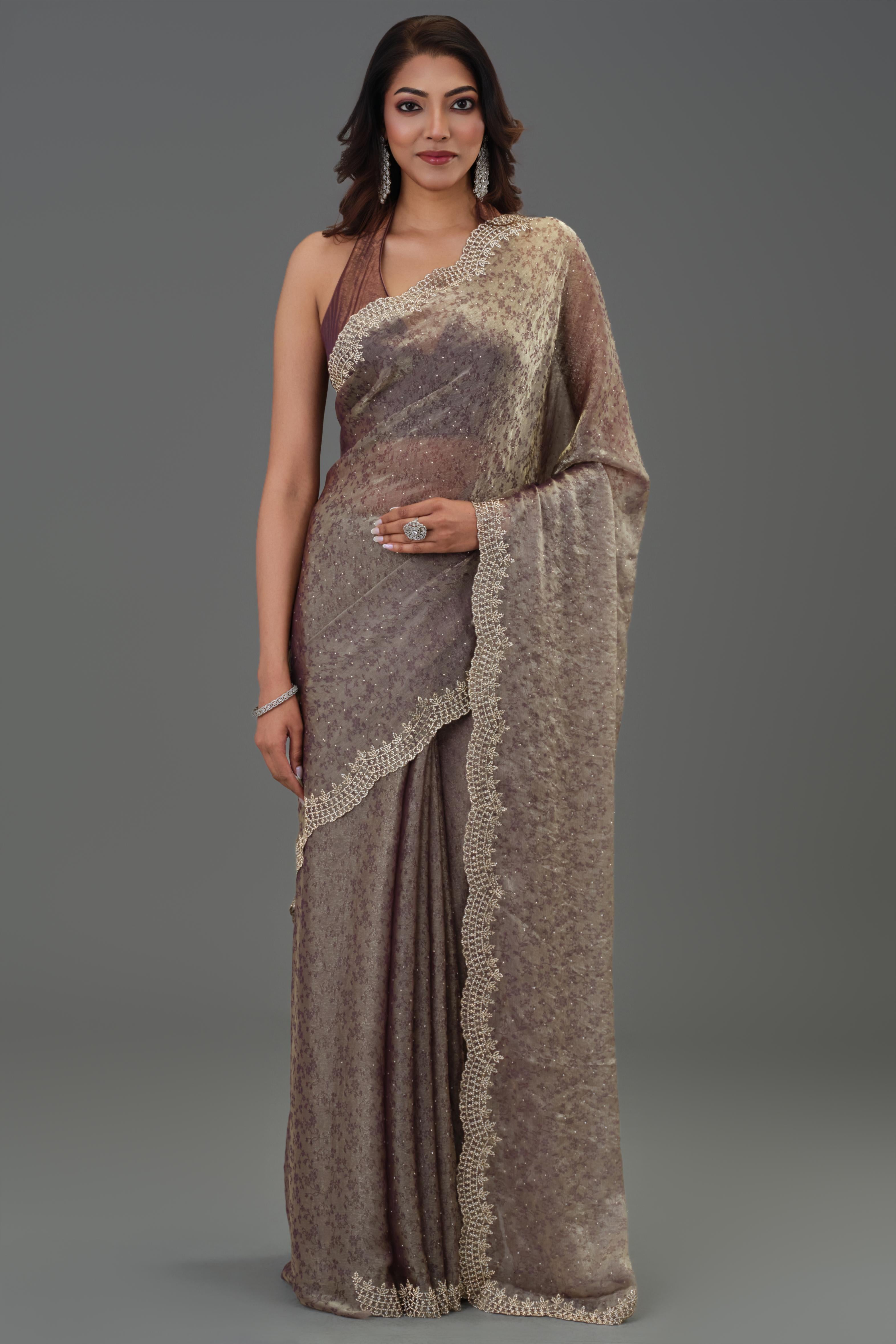 Mauve Embellished Tissue Silk Saree