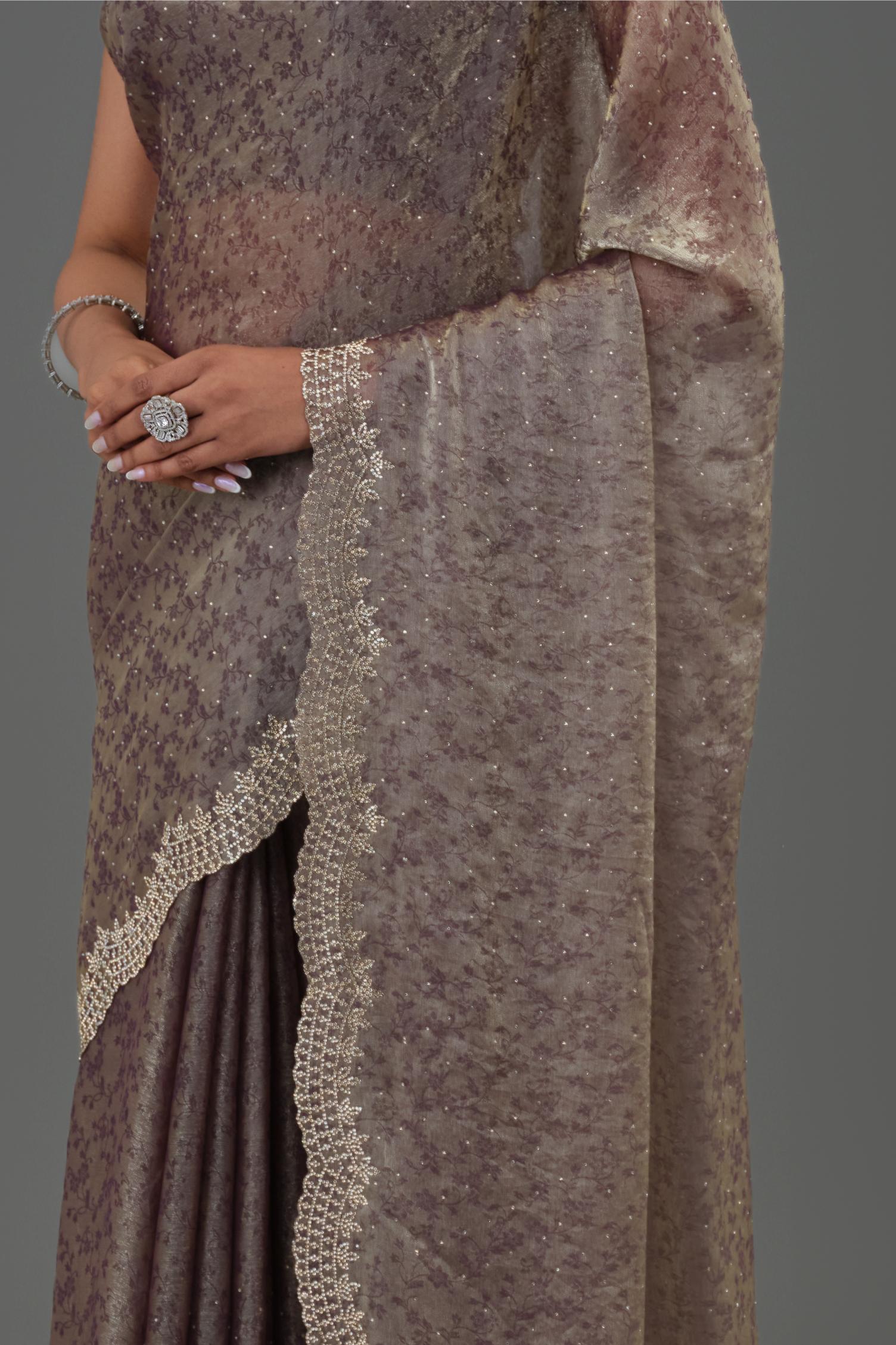 Mauve Embellished Tissue Silk Saree