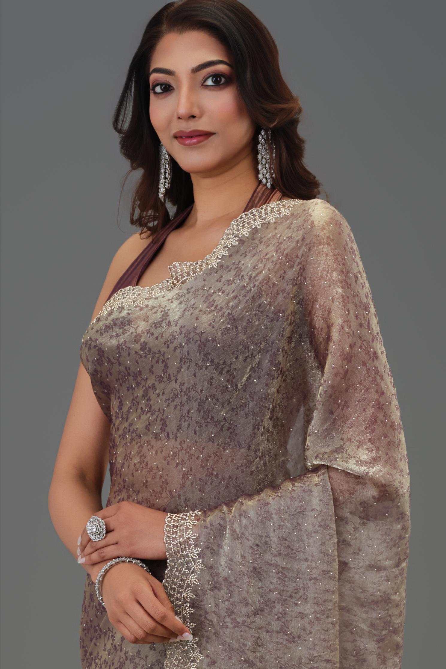 Mauve Embellished Tissue Silk Saree