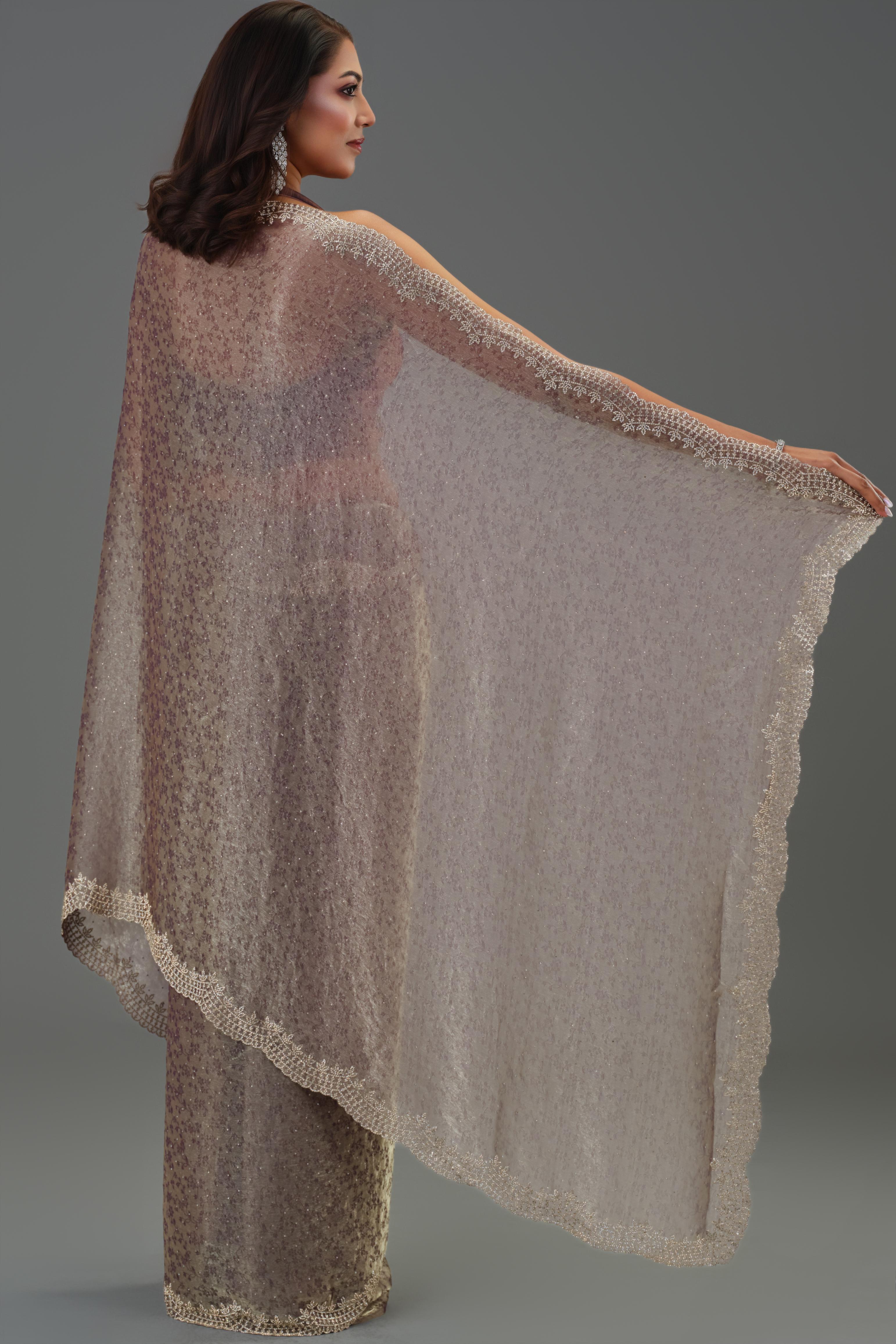 Mauve Embellished Tissue Silk Saree