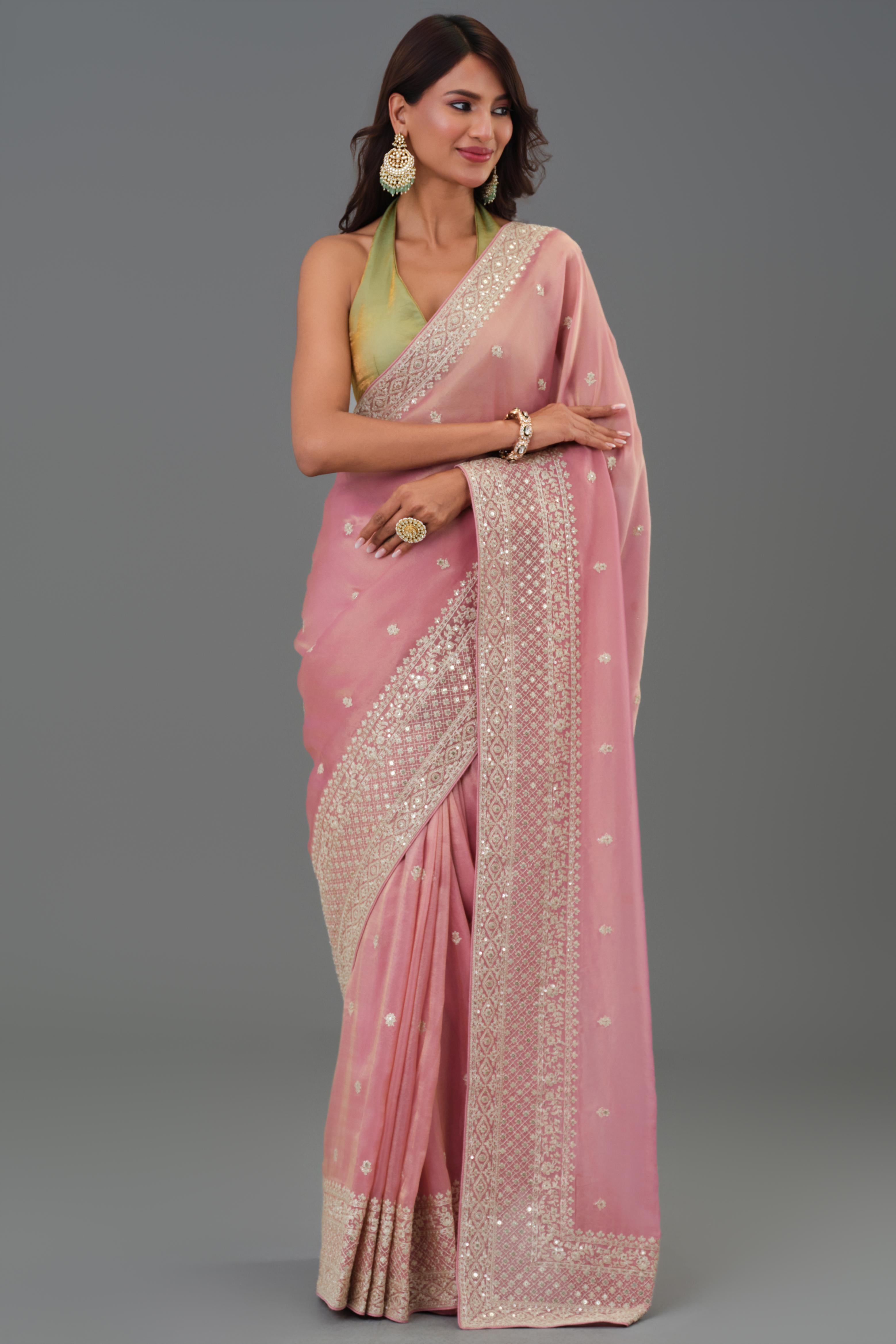 Soft Pink Embroidered Tissue Cosmo Silk Saree
