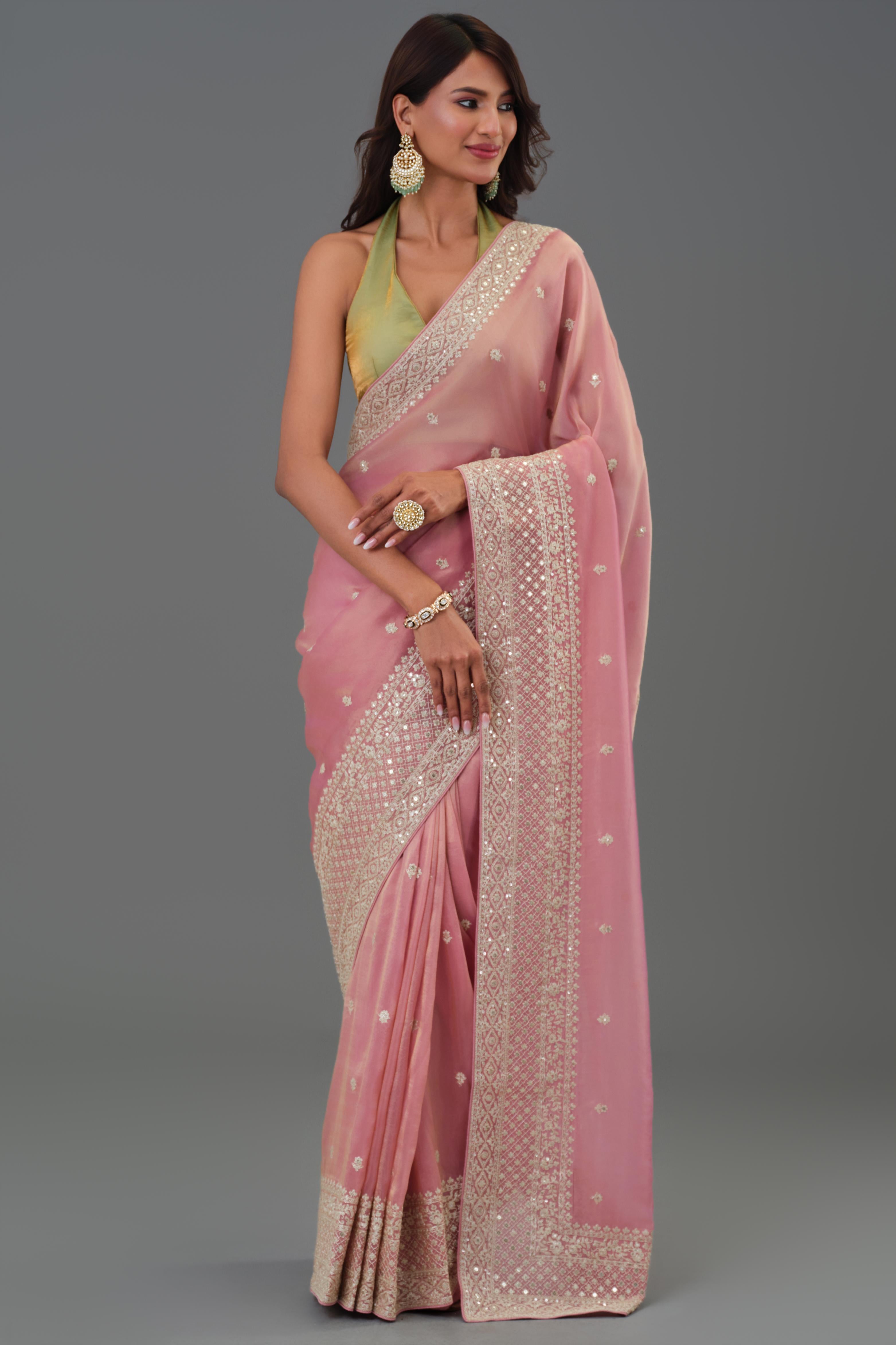 Soft Pink Embroidered Tissue Cosmo Silk Saree