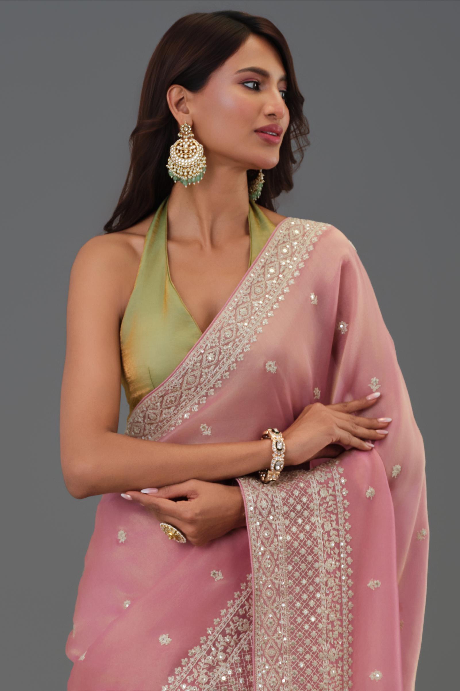 Soft Pink Embroidered Tissue Cosmo Silk Saree