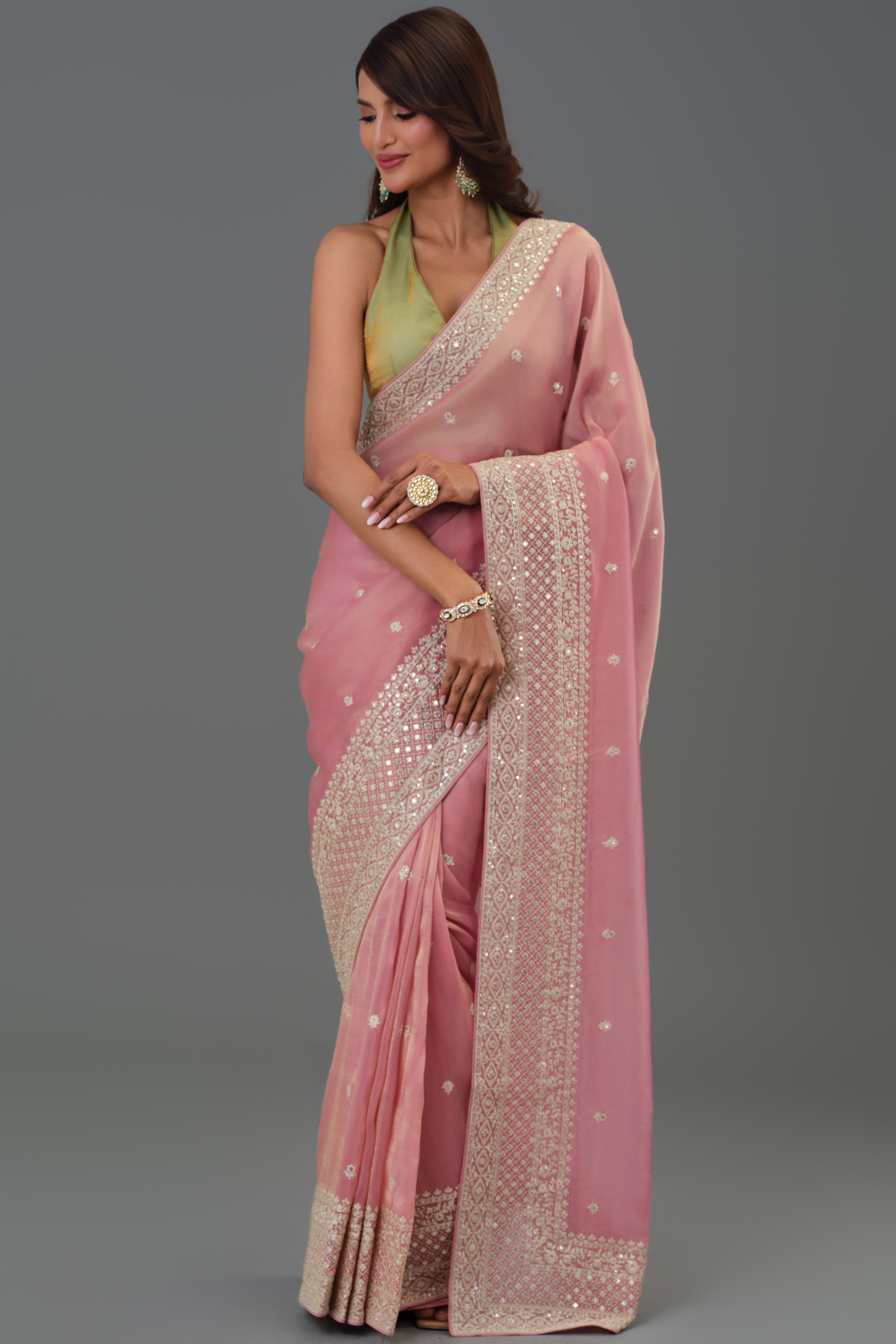 Soft Pink Embroidered Tissue Cosmo Silk Saree
