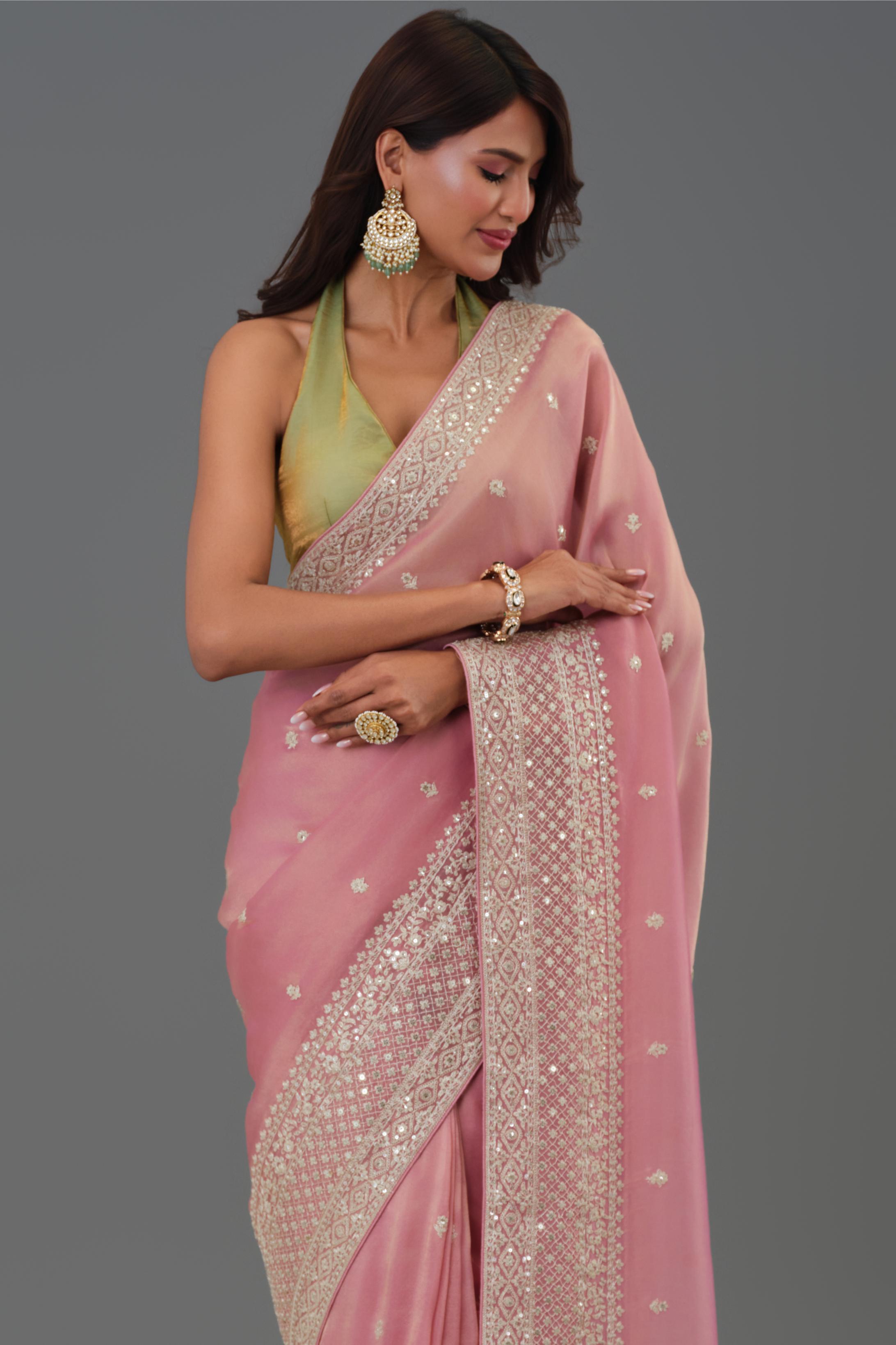 Soft Pink Embroidered Tissue Cosmo Silk Saree