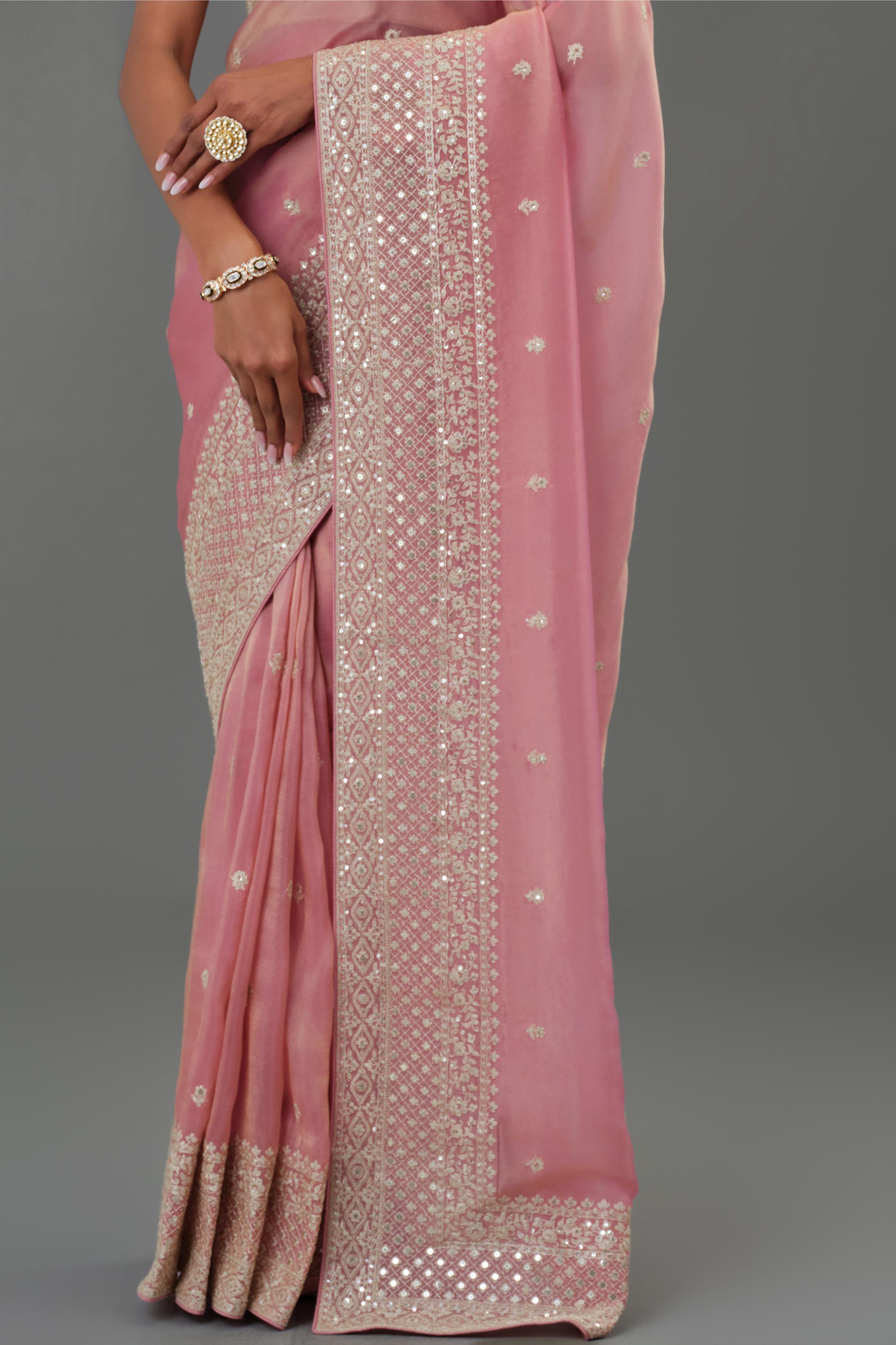 Soft Pink Embroidered Tissue Cosmo Silk Saree