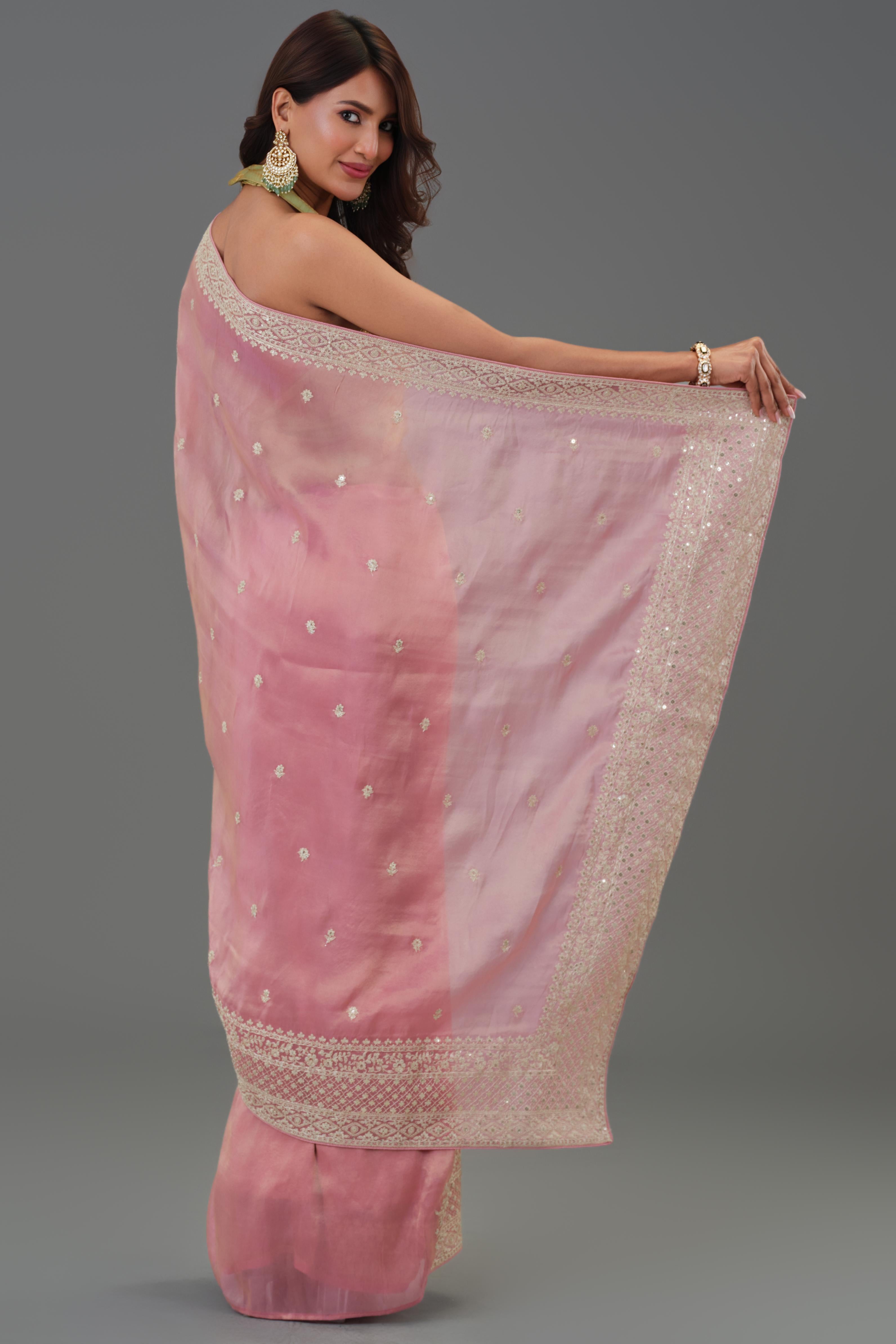 Soft Pink Embroidered Tissue Cosmo Silk Saree