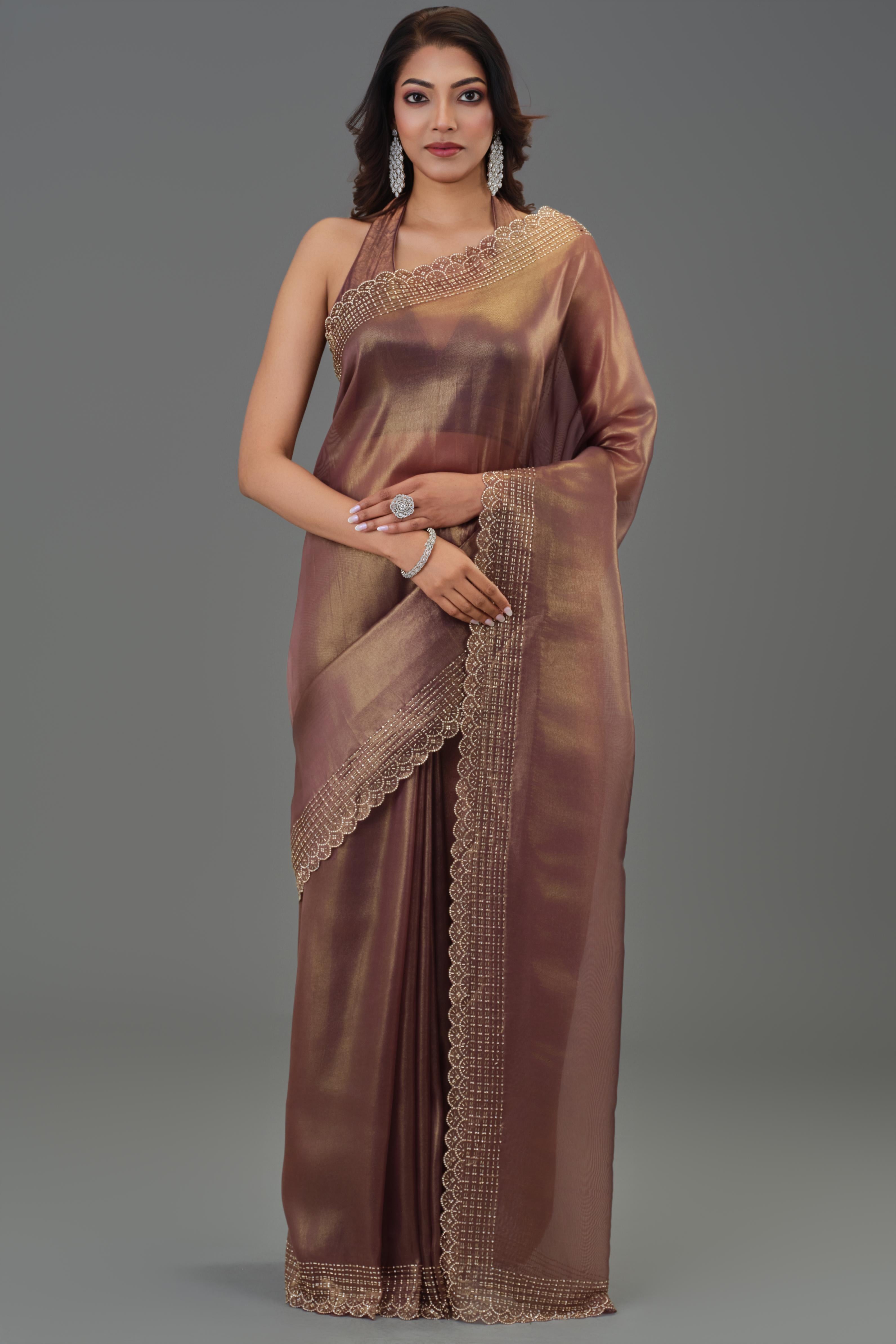 Metallic Brown Embellished Cosmo Tissue Silk Saree