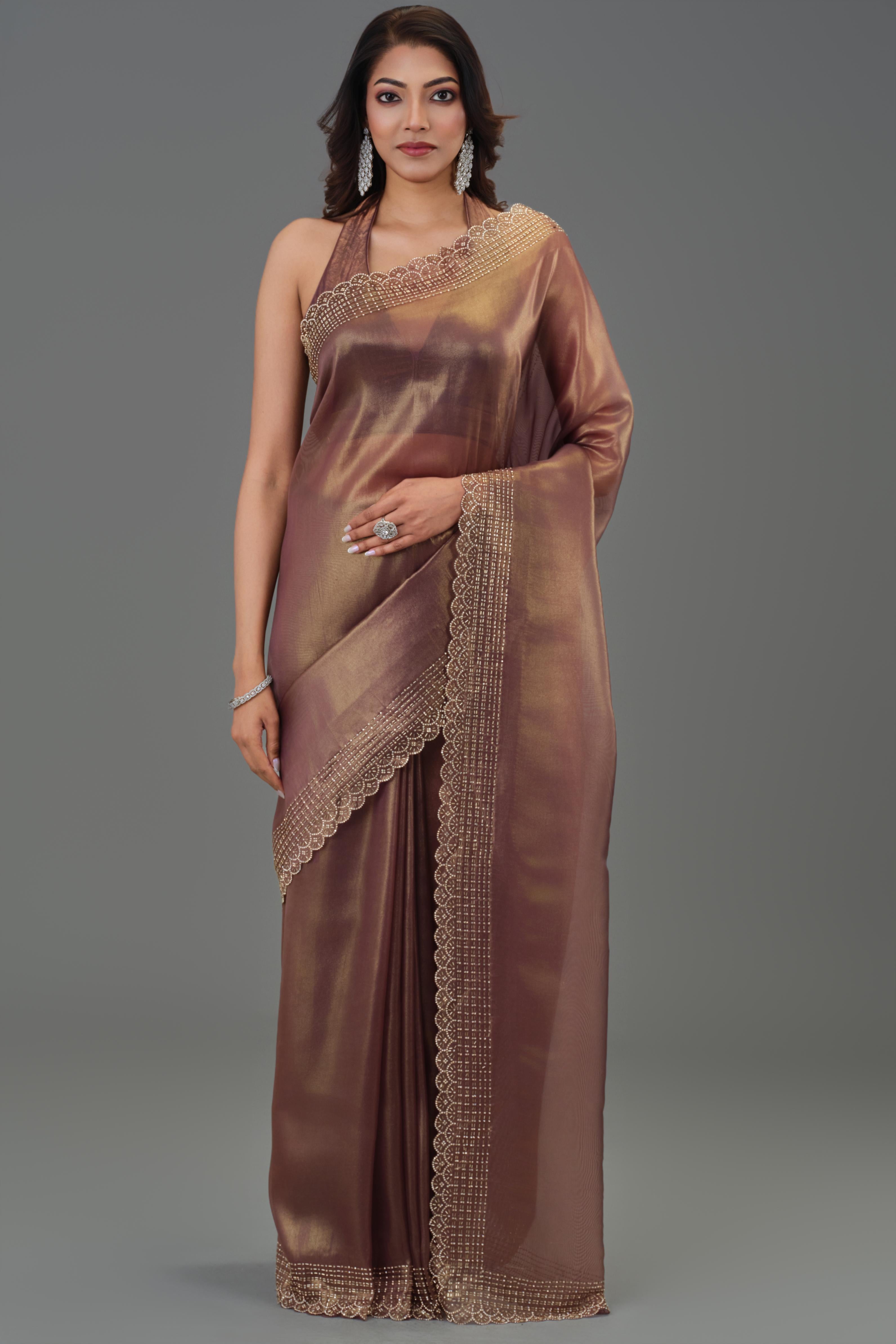 Metallic Brown Embellished Cosmo Tissue Silk Saree