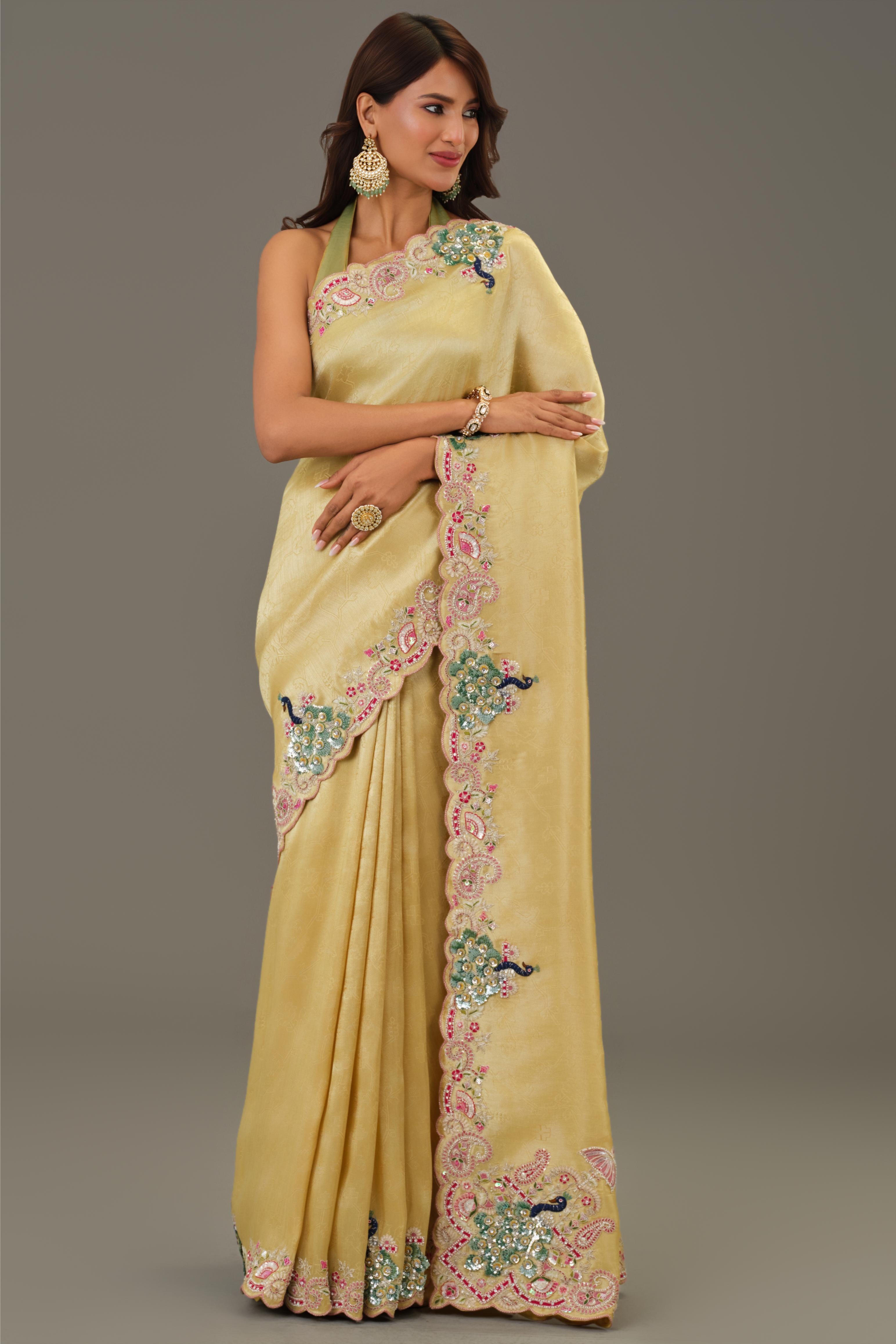 Golden Embellished Giraffe Silk Saree