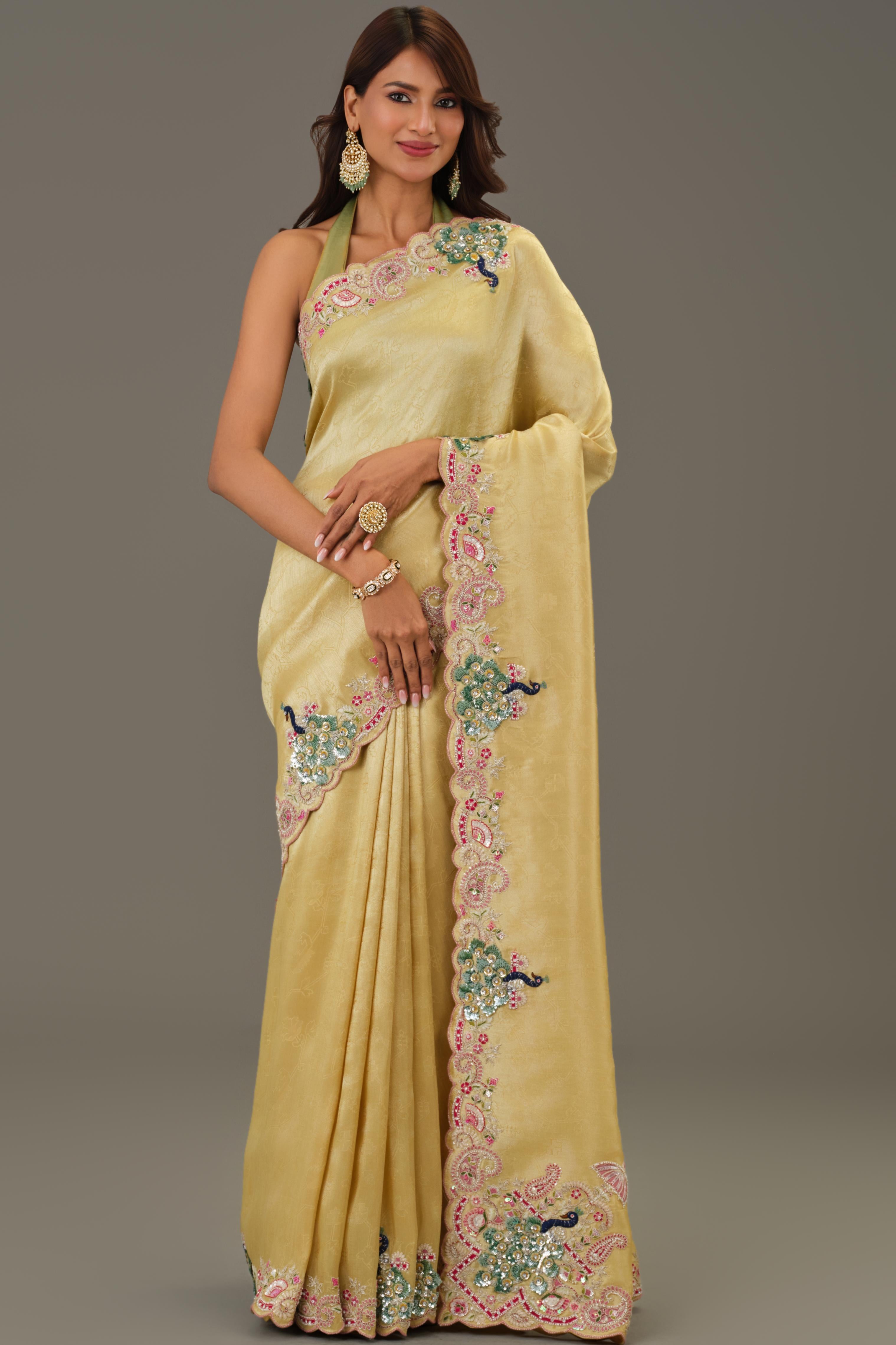 Golden Embellished Giraffe Silk Saree