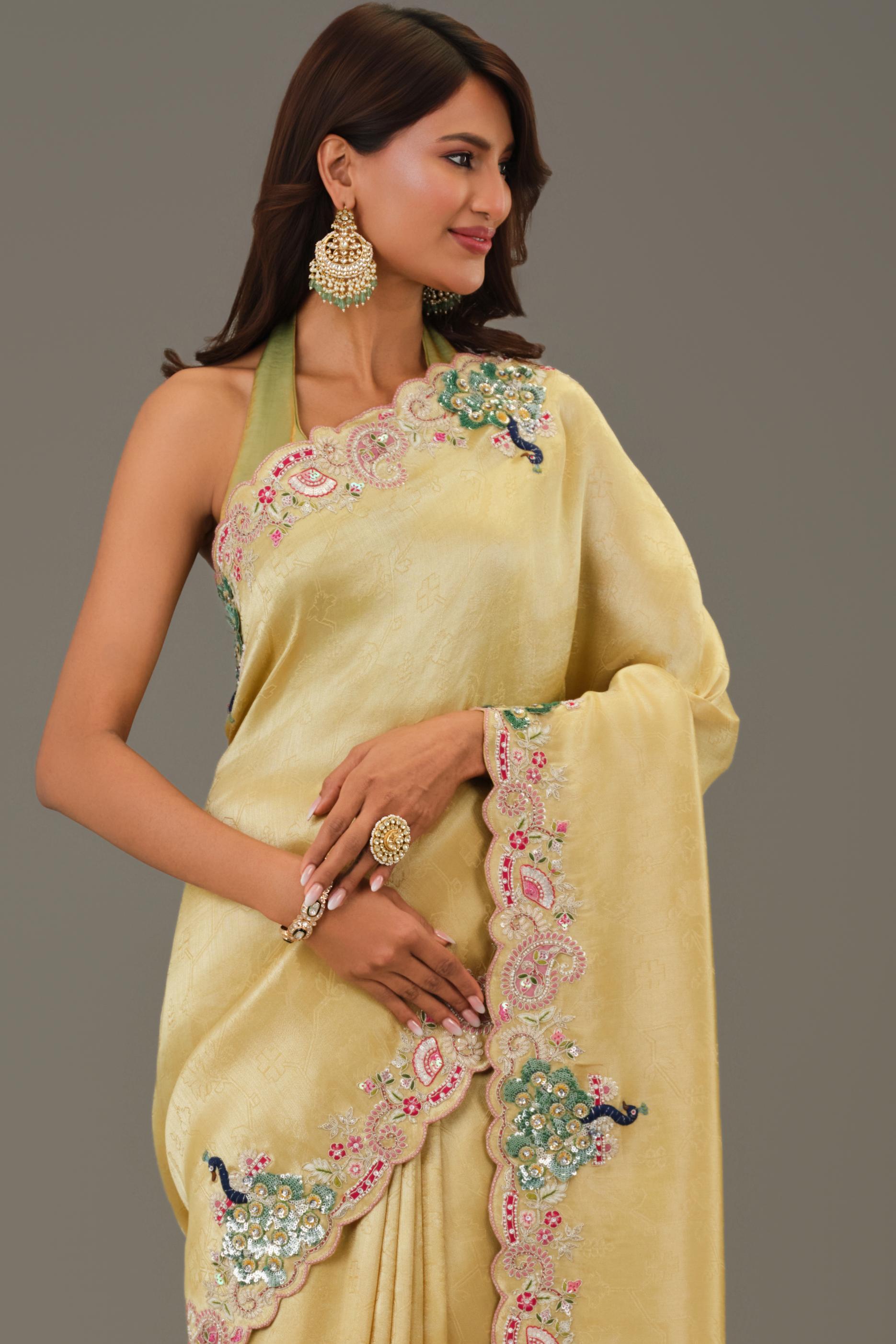 Golden Embellished Giraffe Silk Saree