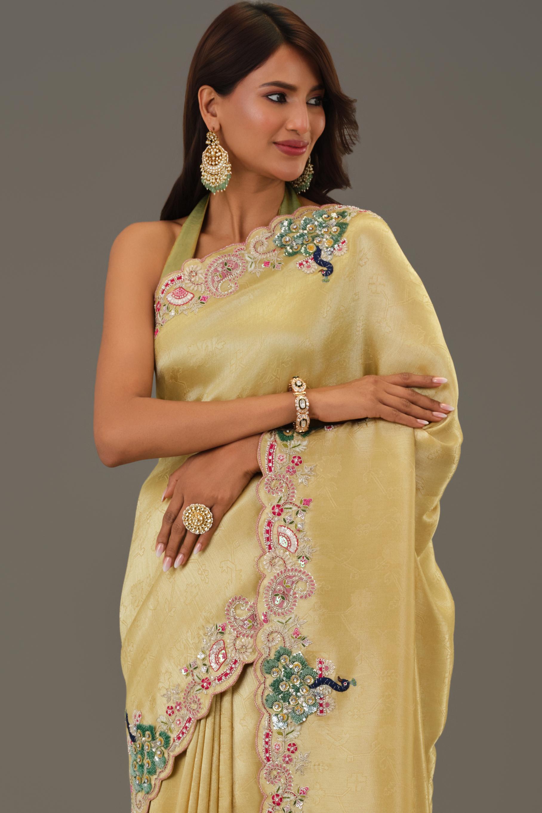 Golden Embellished Giraffe Silk Saree