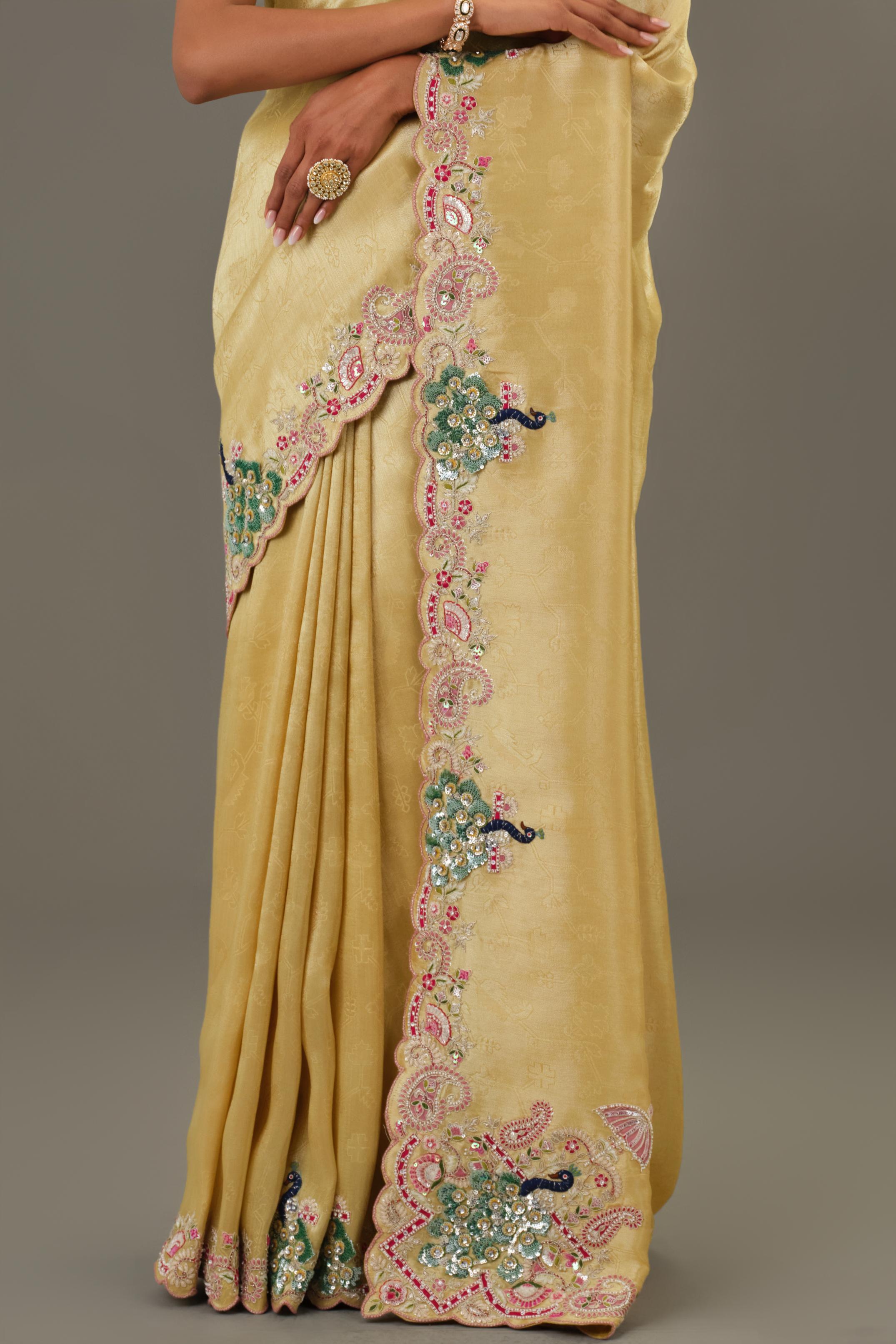 Golden Embellished Giraffe Silk Saree