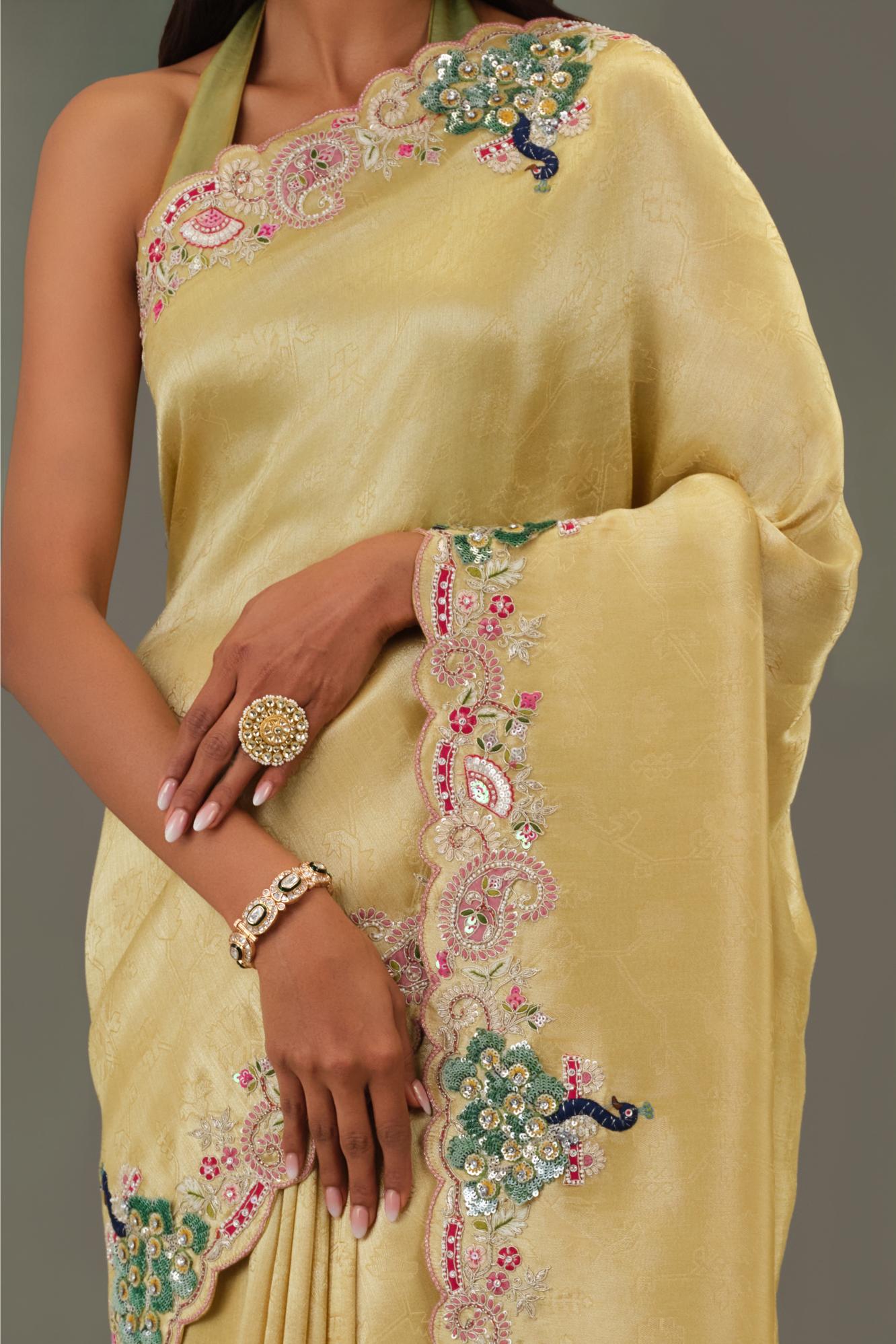 Golden Embellished Giraffe Silk Saree