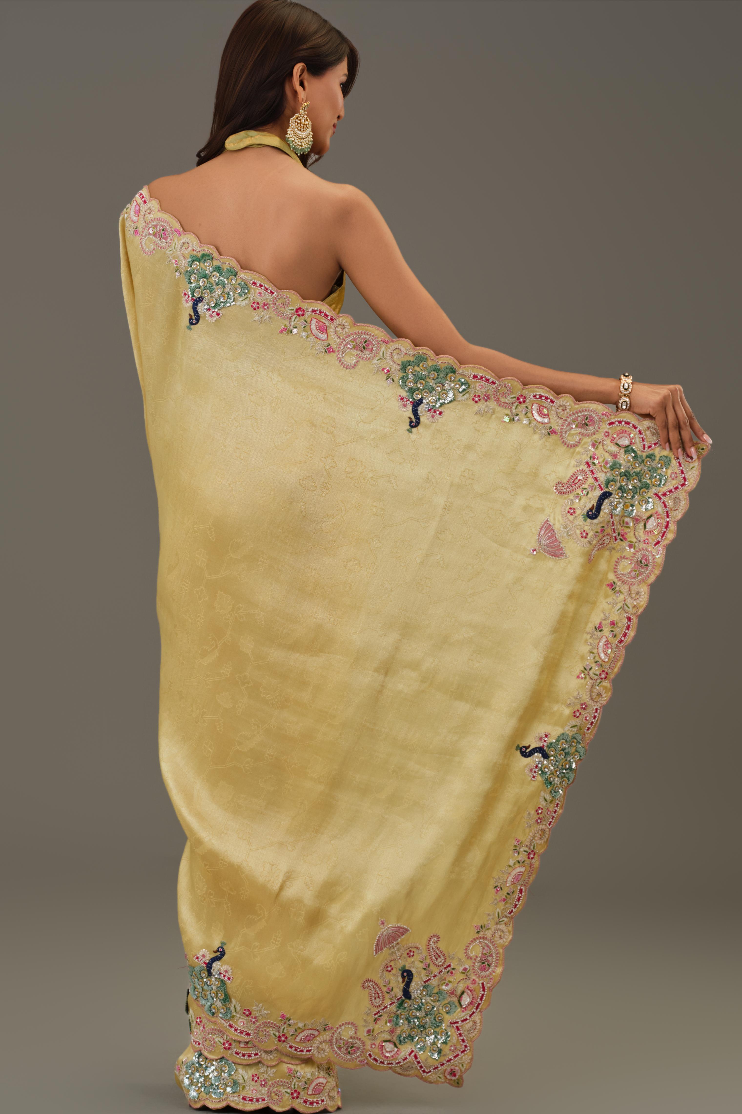 Golden Embellished Giraffe Silk Saree