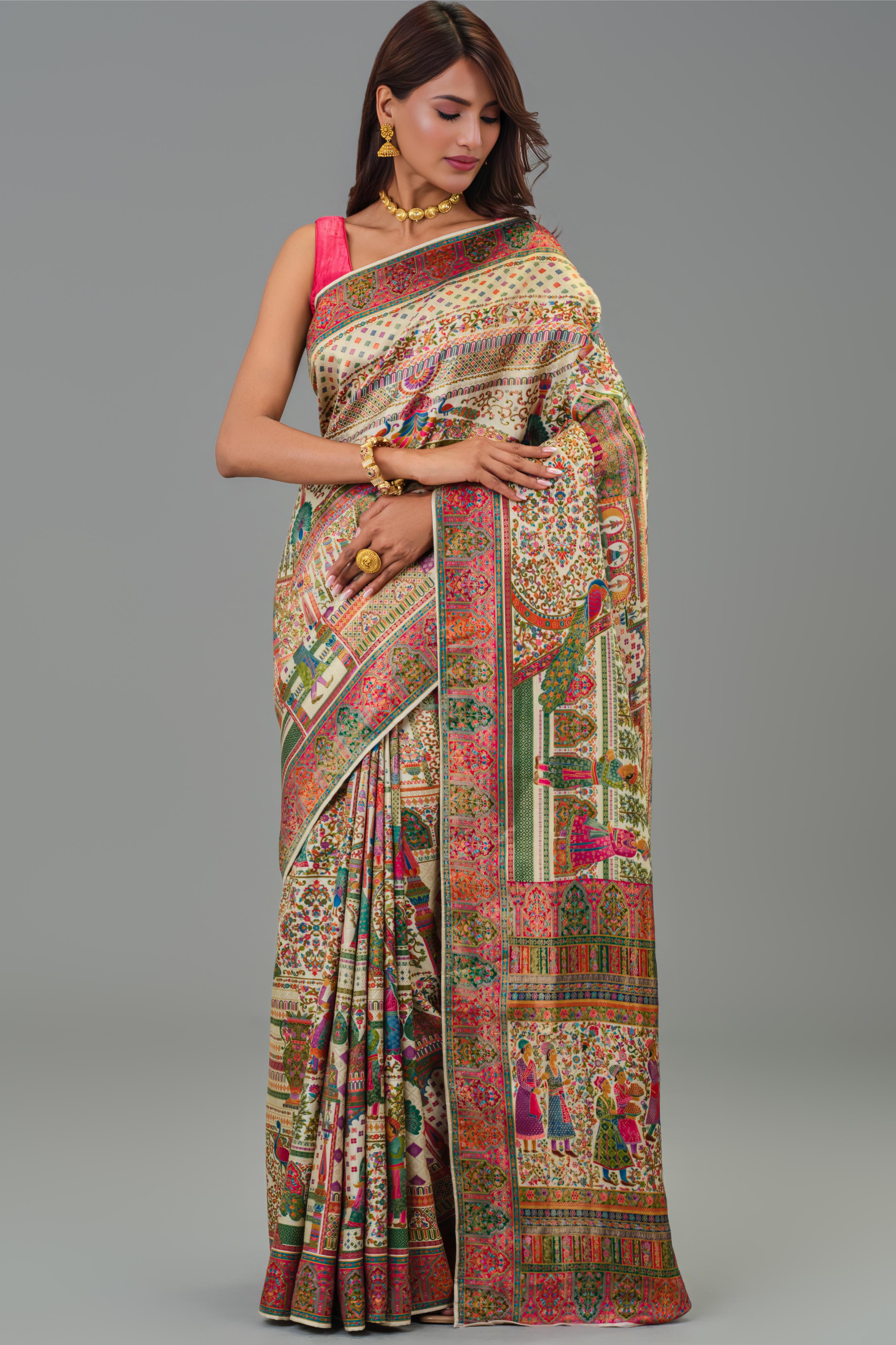 Cream Position Print Russian Silk Saree