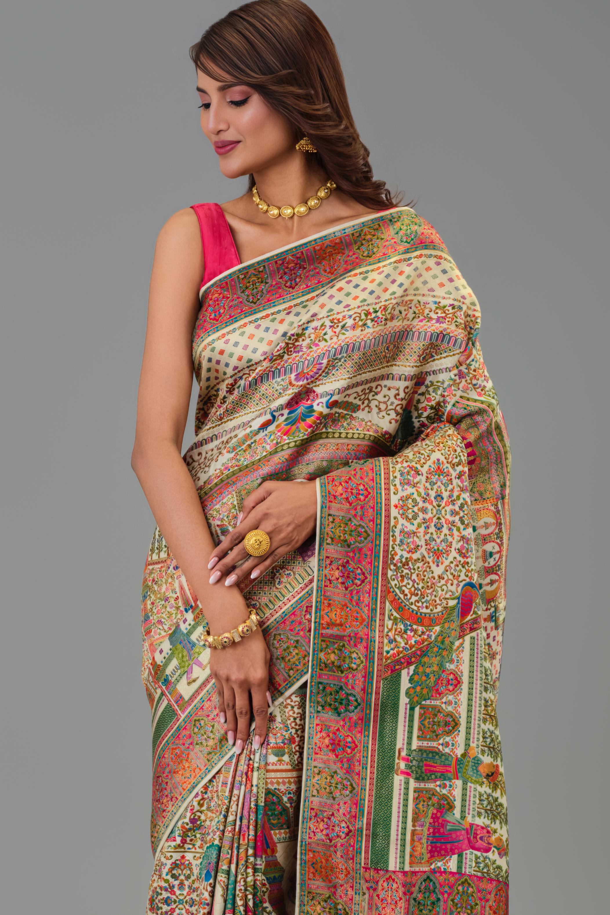 Cream Position Print Russian Silk Saree