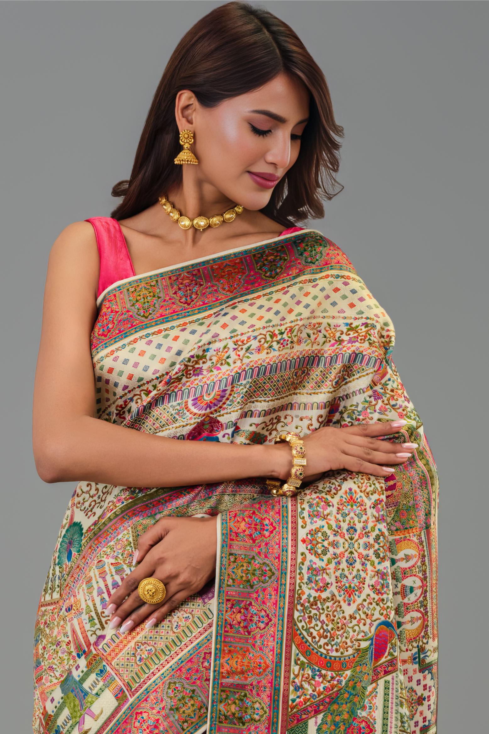 Cream Position Print Russian Silk Saree