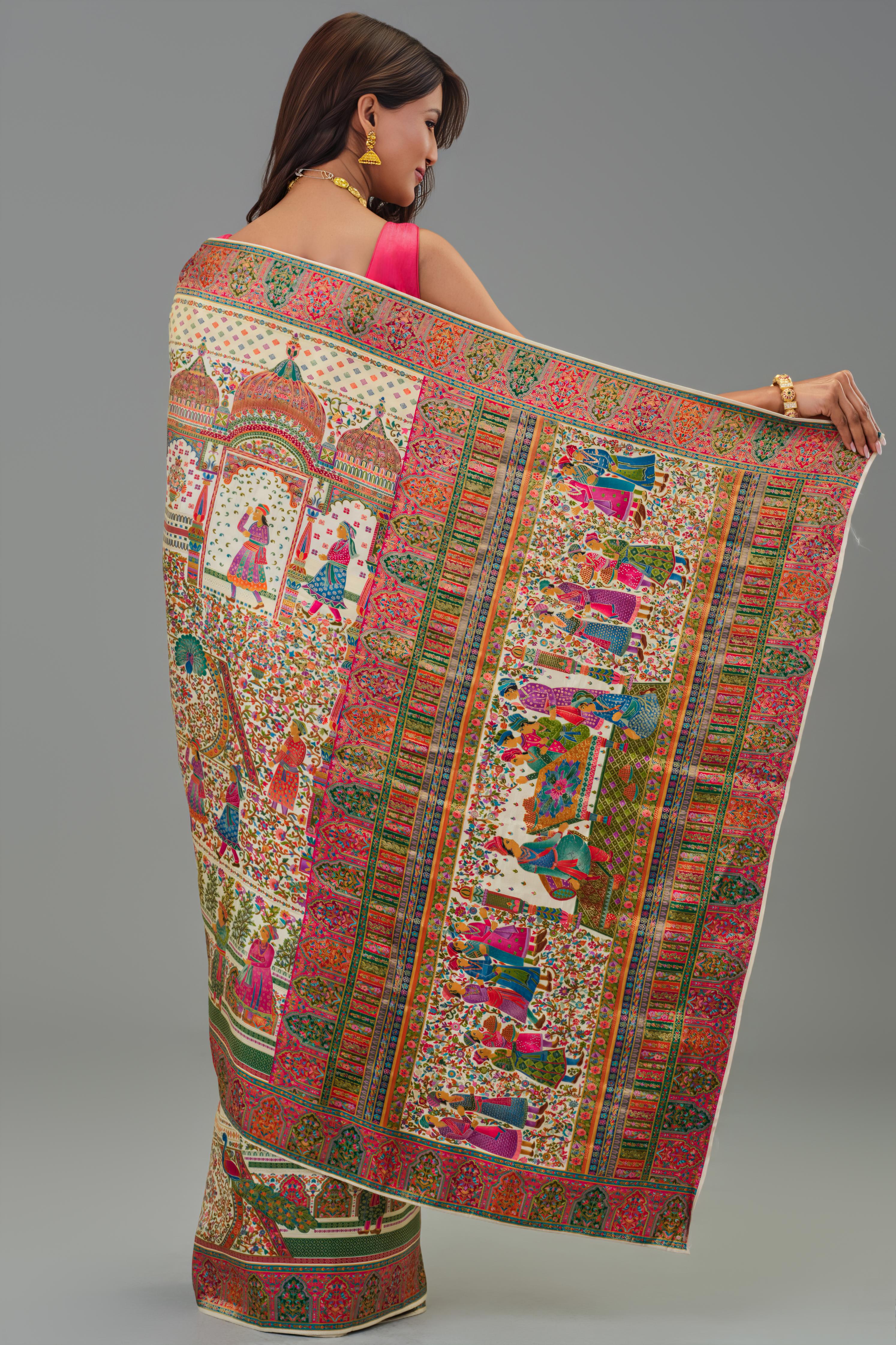 Cream Position Print Russian Silk Saree