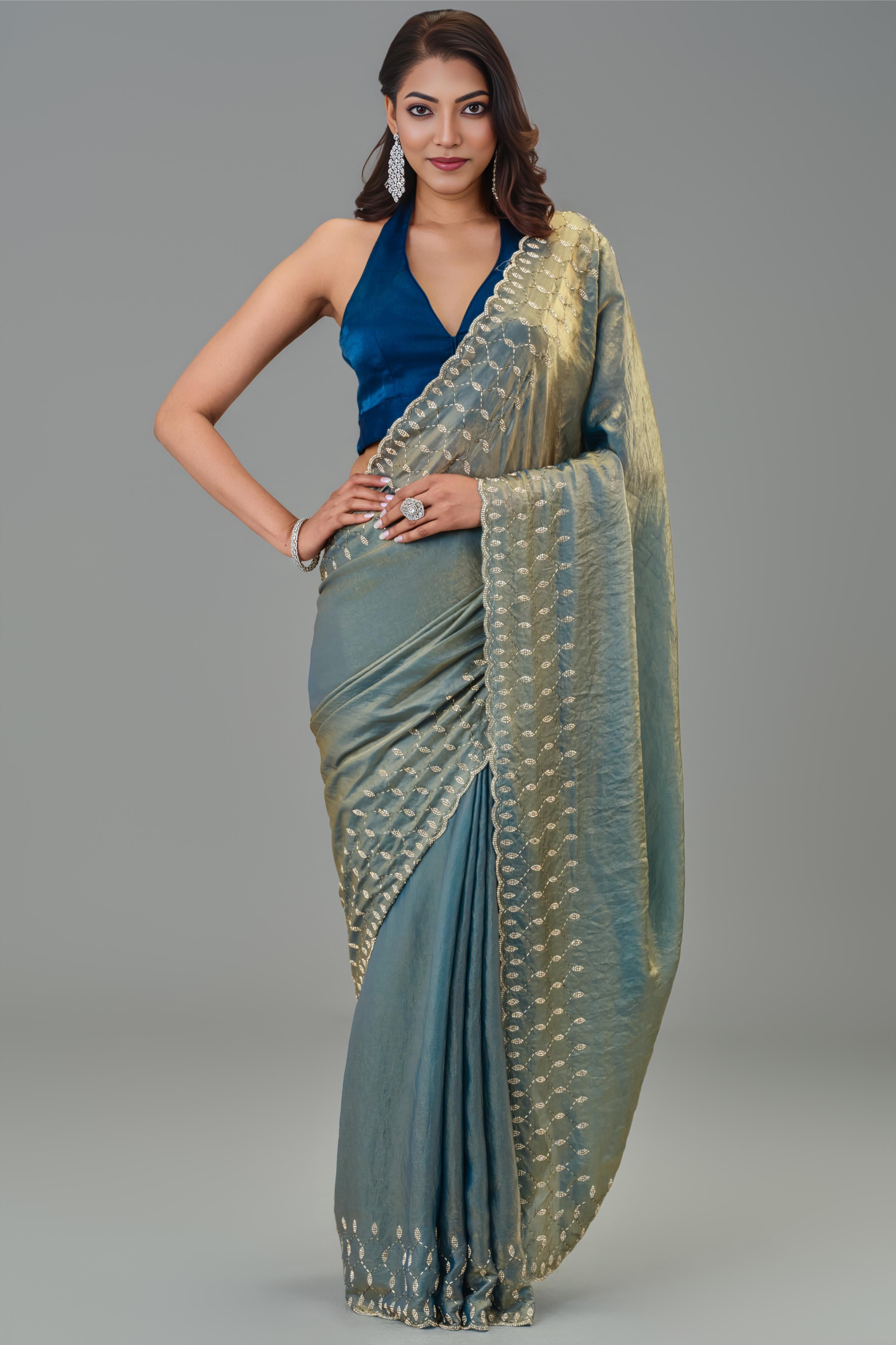 Teal Embellished Tissue Silk Saree