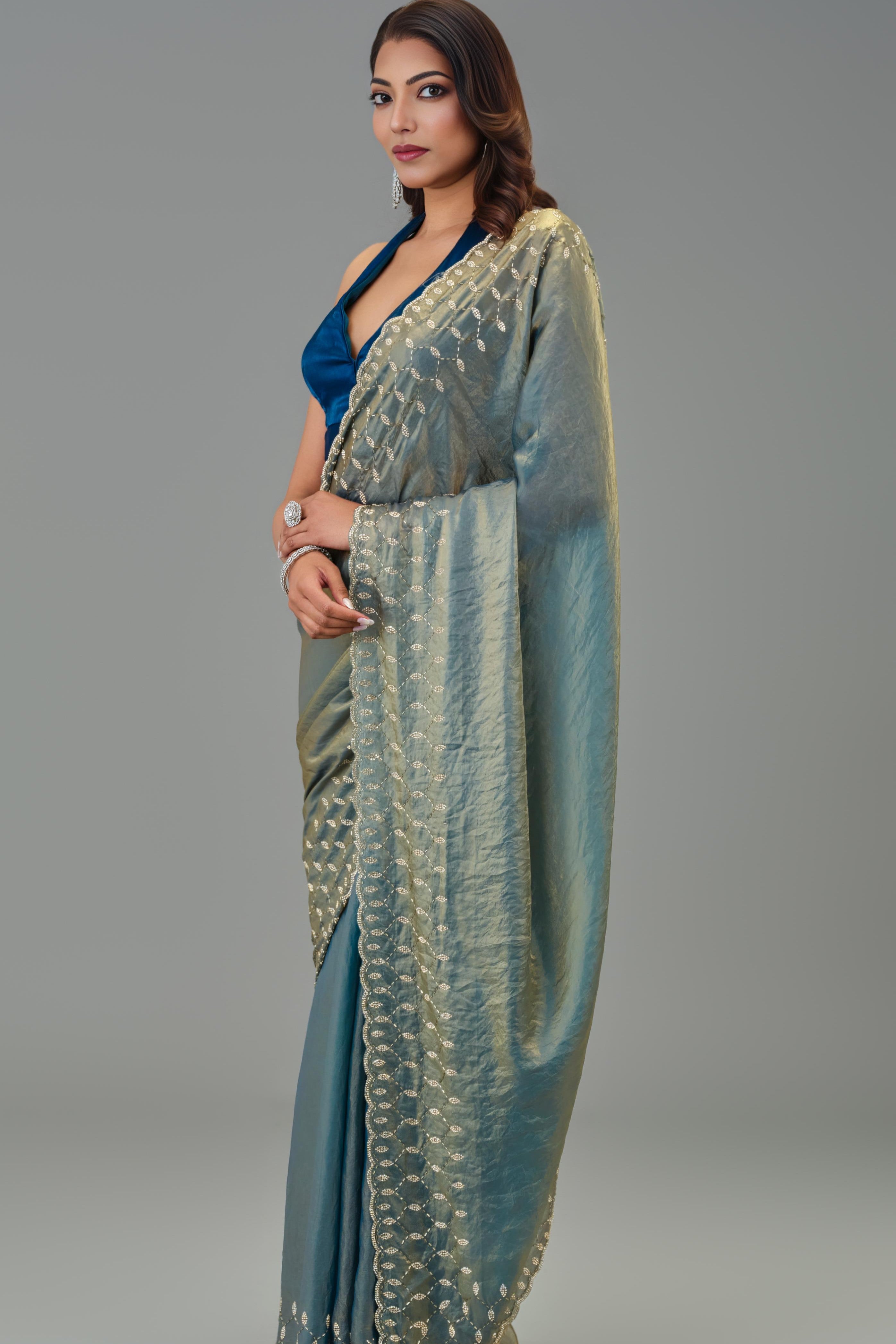 Teal Embellished Tissue Silk Saree